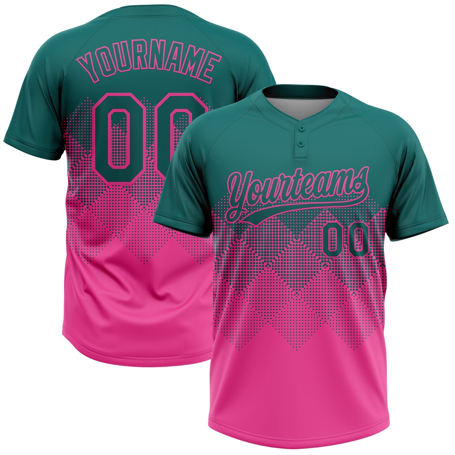 Custom Teal Pink 3D Gradient Square Shape Two-Button Unisex Softball Jersey - Main View