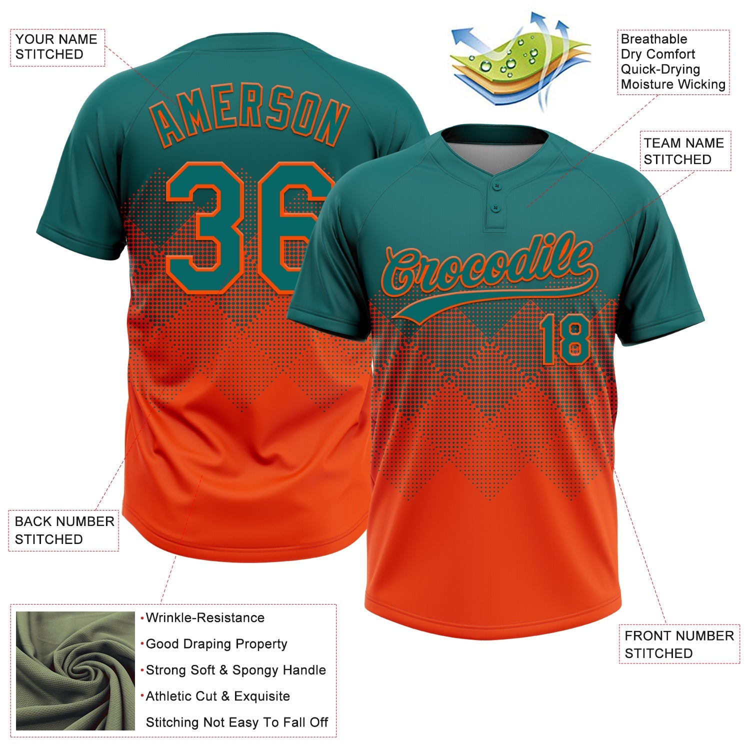 Custom Teal Orange 3D Gradient Square Shape Two-Button Unisex Softball Jersey view 3