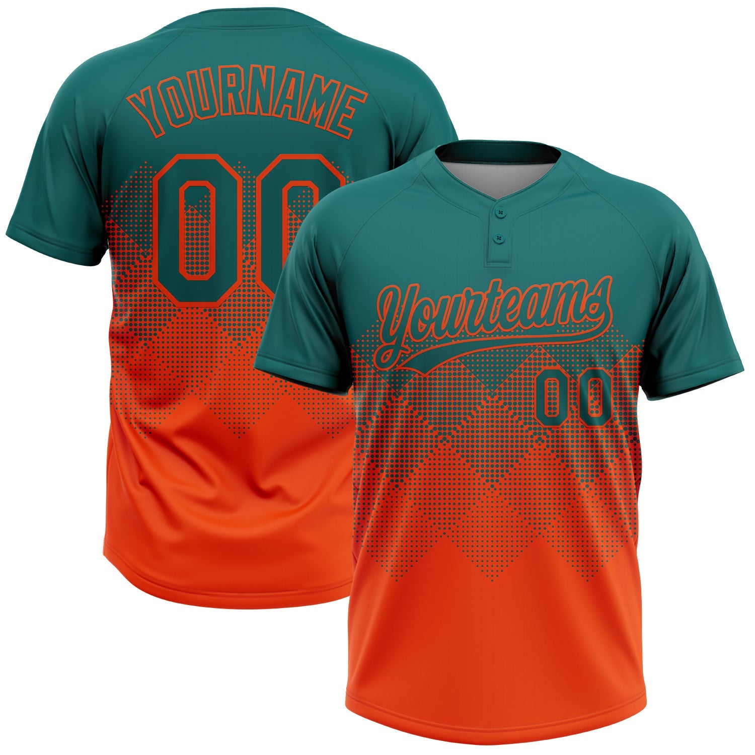 Custom Teal Orange 3D Gradient Square Shape Two-Button Unisex Softball Jersey - Main View