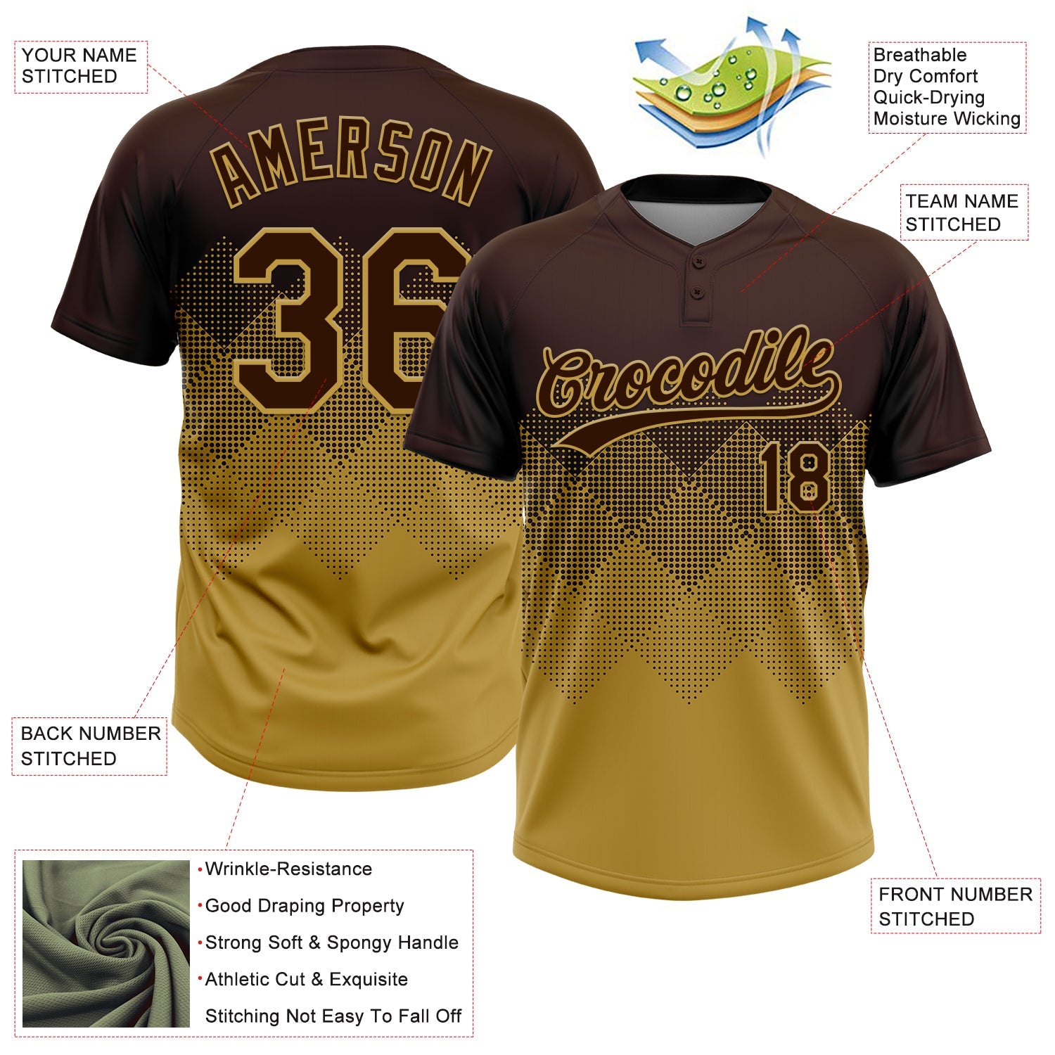 Custom Brown Old Gold 3D Gradient Square Shape Two-Button Unisex Softball Jersey view 3