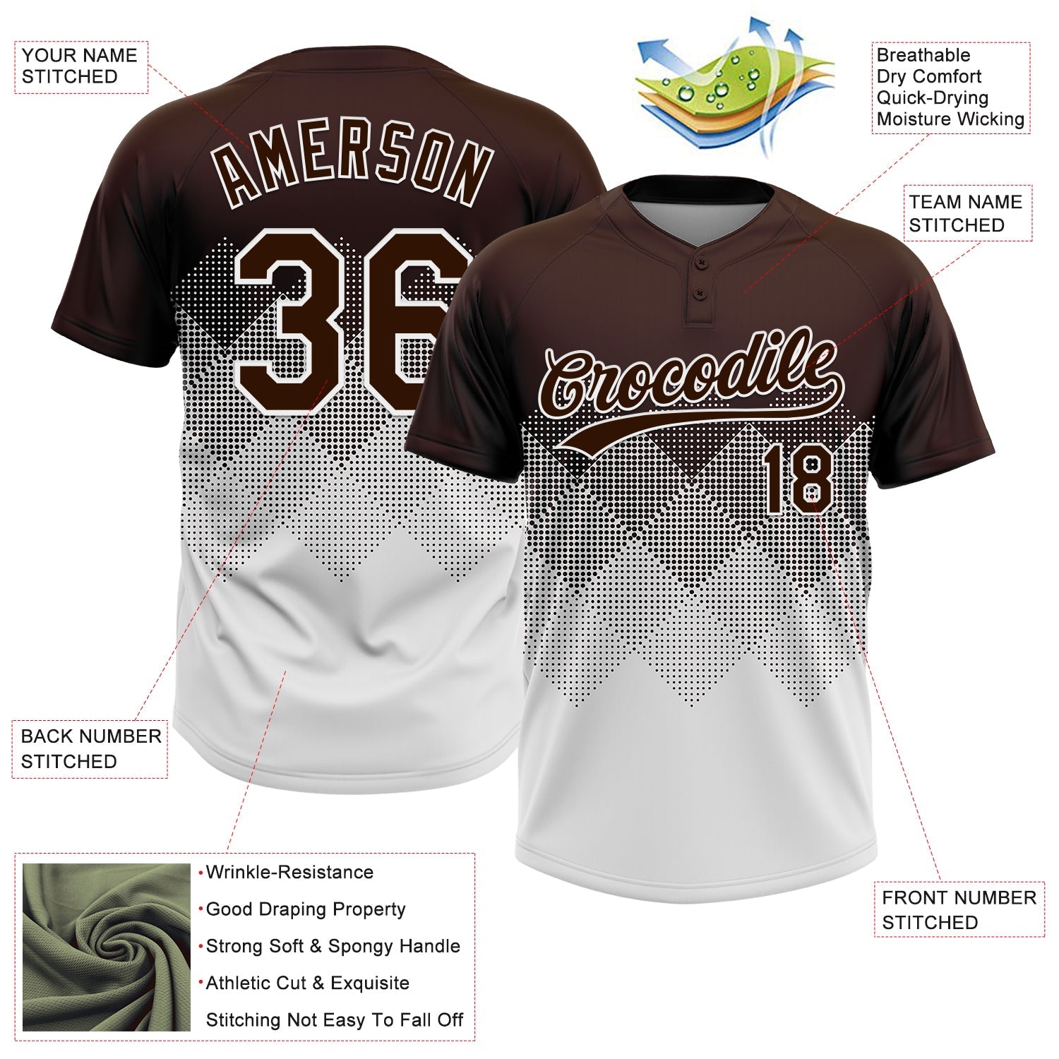 Custom Brown White 3D Gradient Square Shape Two-Button Unisex Softball Jersey view 3