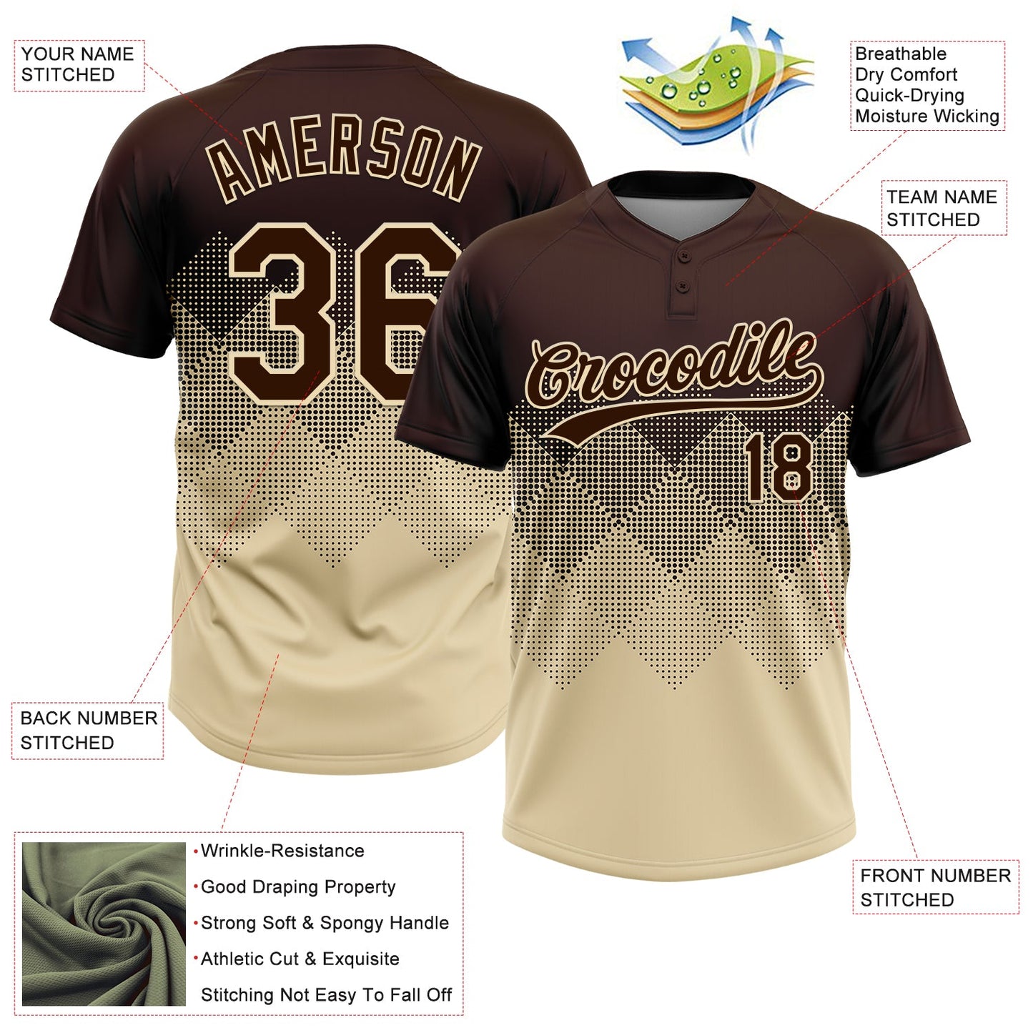 Custom Brown Cream 3D Gradient Square Shape Two-Button Unisex Softball Jersey view 3