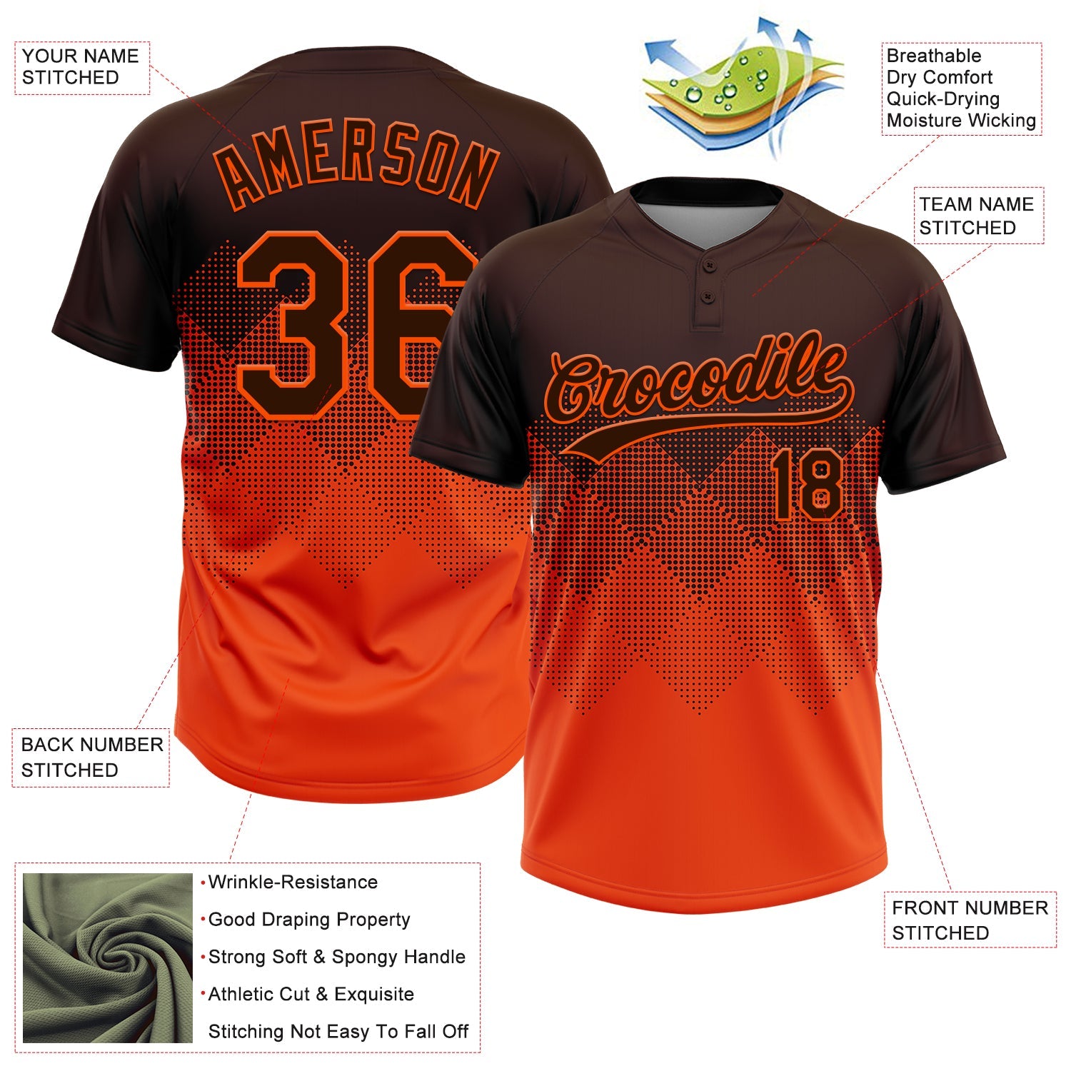Custom Brown Orange 3D Gradient Square Shape Two-Button Unisex Softball Jersey view 3