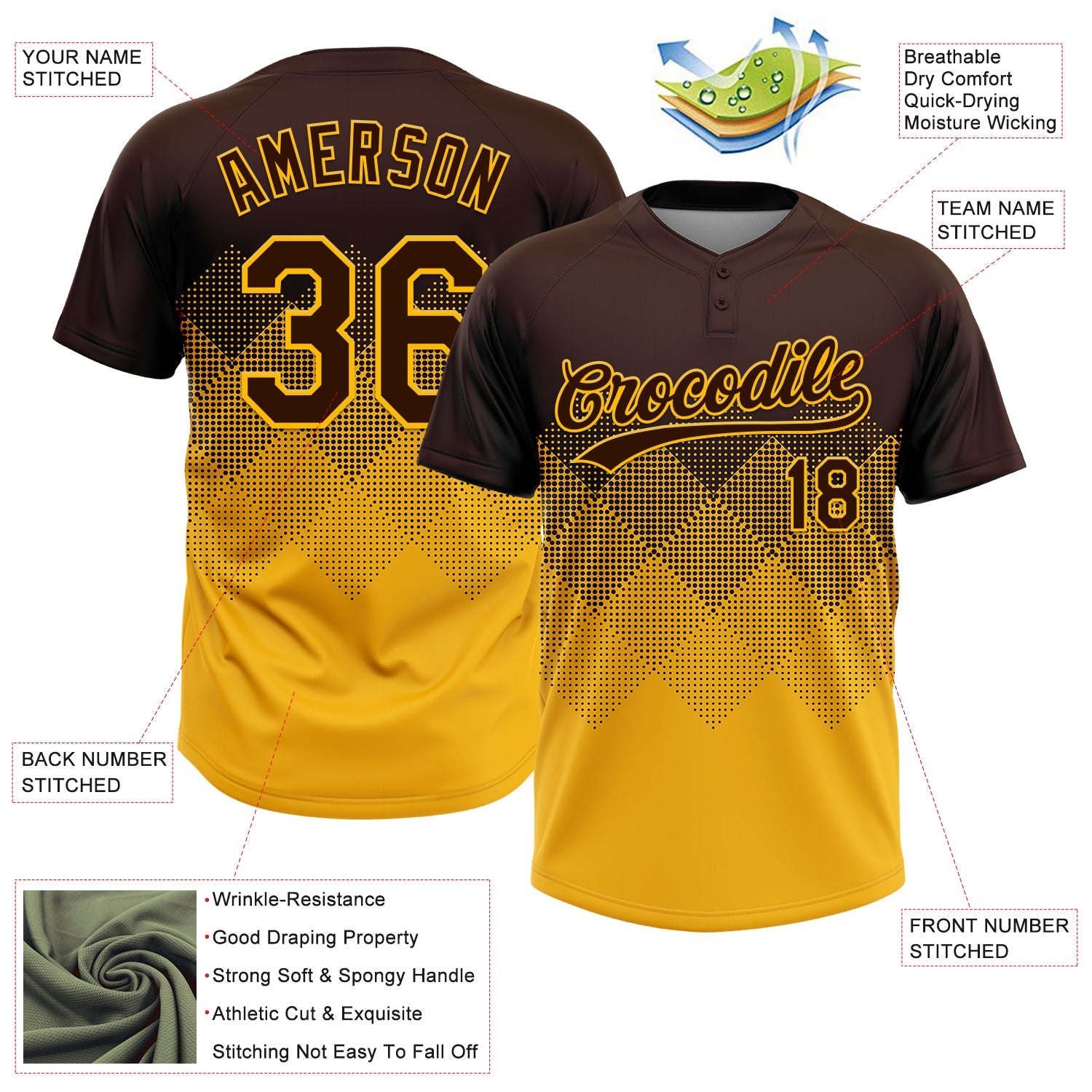 Custom Brown Gold 3D Gradient Square Shape Two-Button Unisex Softball Jersey view 3