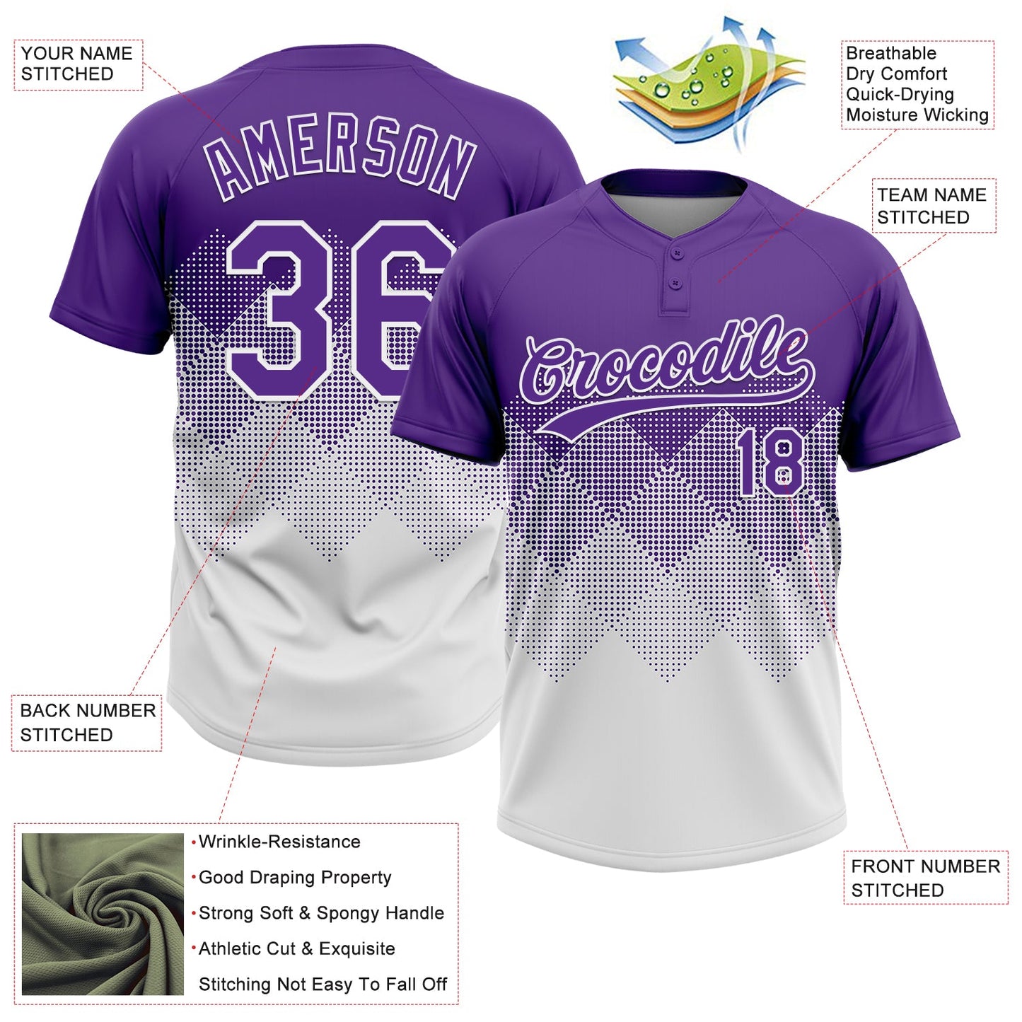 Custom Purple White 3D Gradient Square Shape Two-Button Unisex Softball Jersey view 3