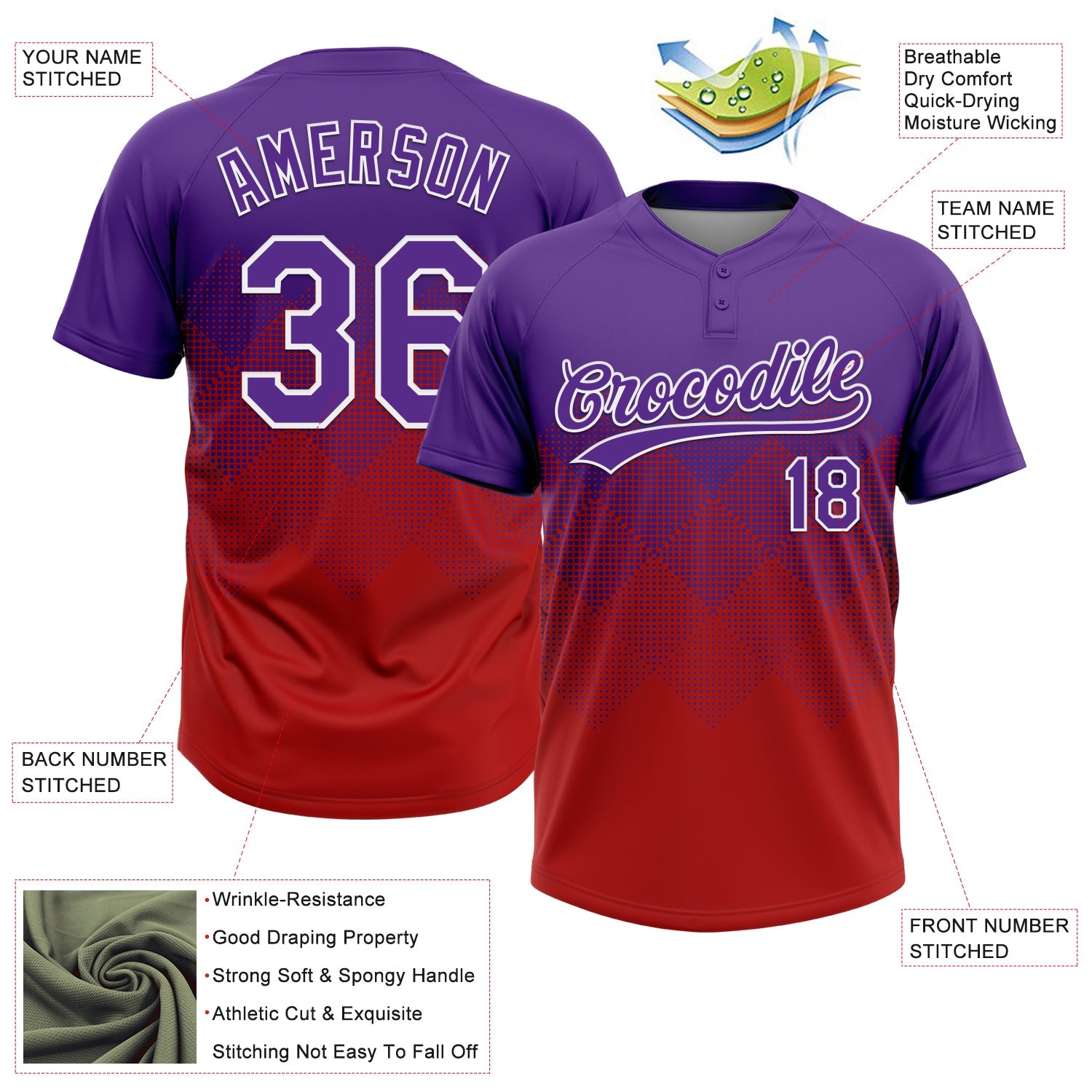 Custom Purple Red-White 3D Gradient Square Shape Two-Button Unisex Softball Jersey view 3