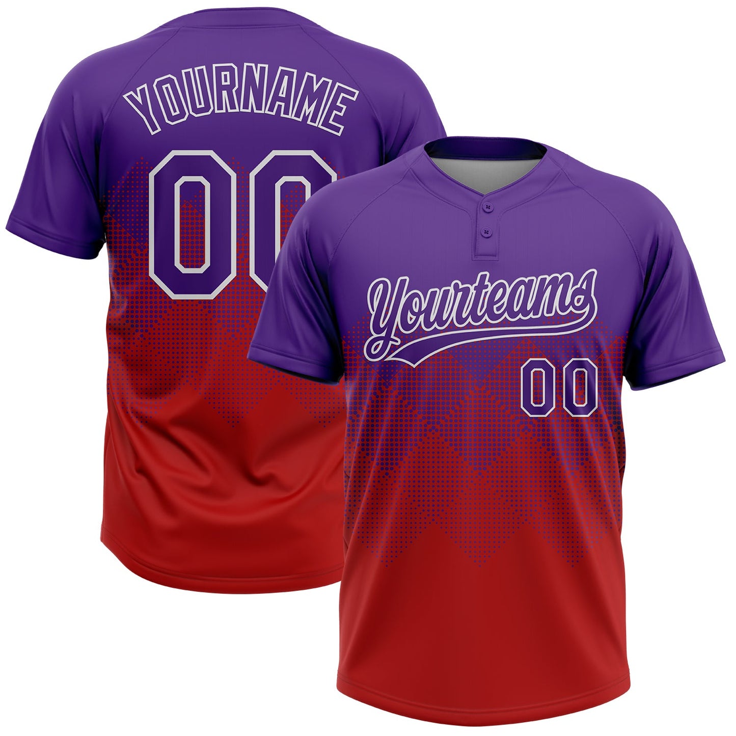 Custom Purple Red-White 3D Gradient Square Shape Two-Button Unisex Softball Jersey - Main View