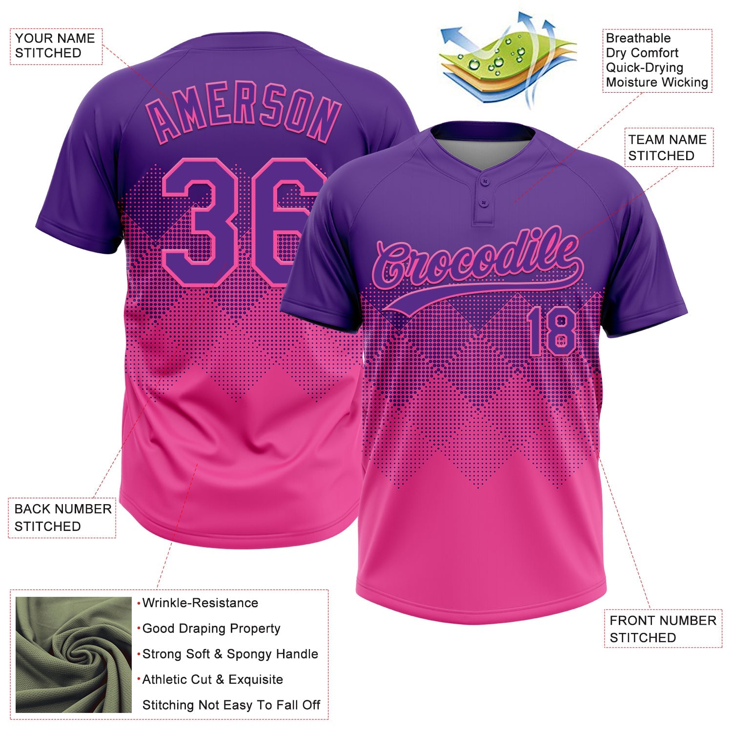 Custom Purple Pink 3D Gradient Square Shape Two-Button Unisex Softball Jersey view 3