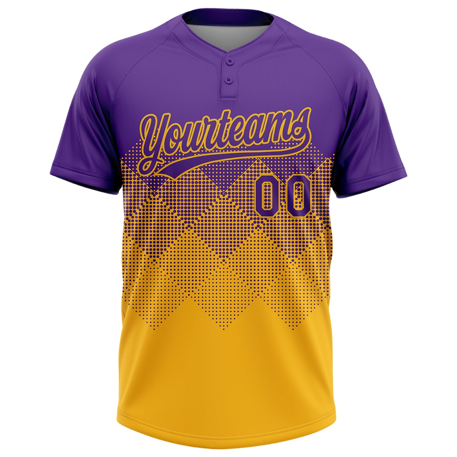 Custom Purple Gold 3D Gradient Square Shape Two-Button Unisex Softball Jersey view 2