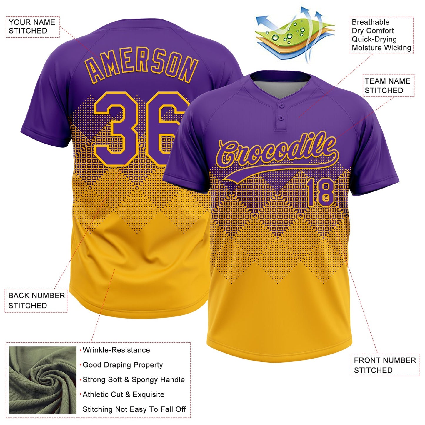 Custom Purple Gold 3D Gradient Square Shape Two-Button Unisex Softball Jersey view 3