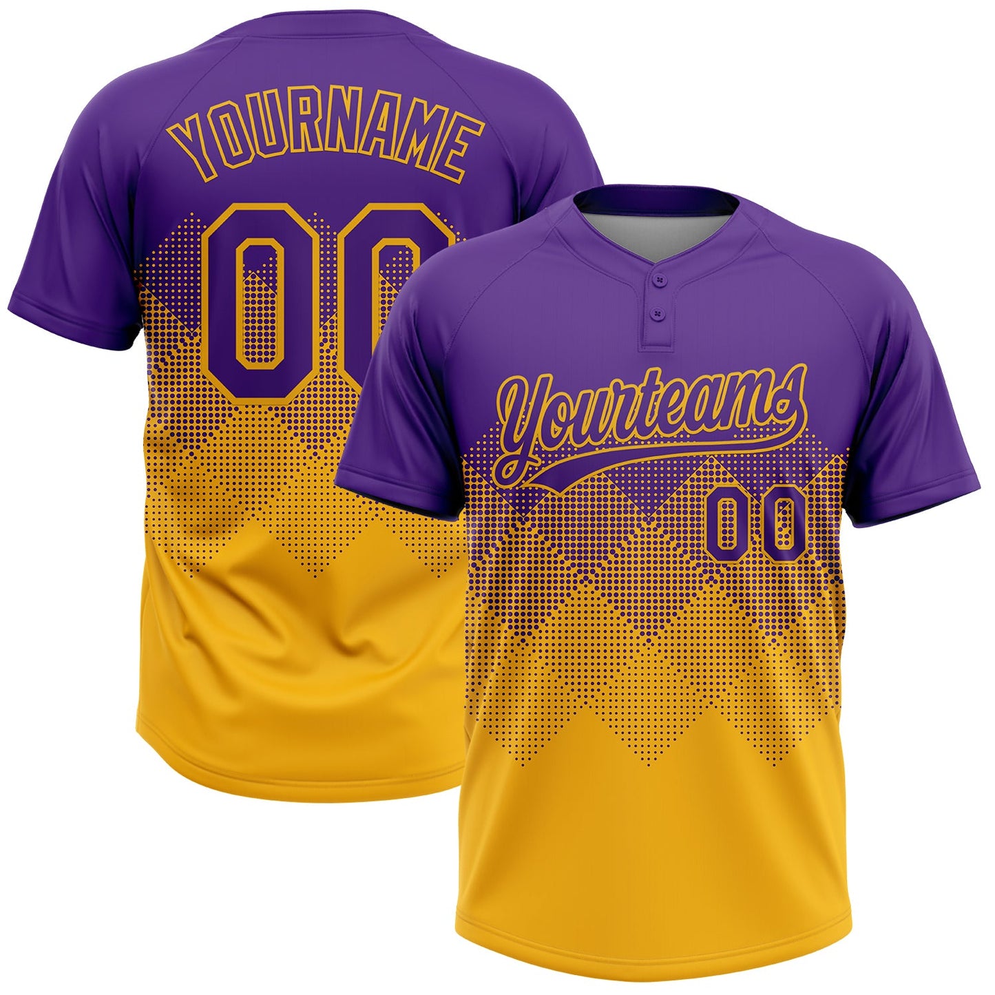 Custom Purple Gold 3D Gradient Square Shape Two-Button Unisex Softball Jersey - Main View