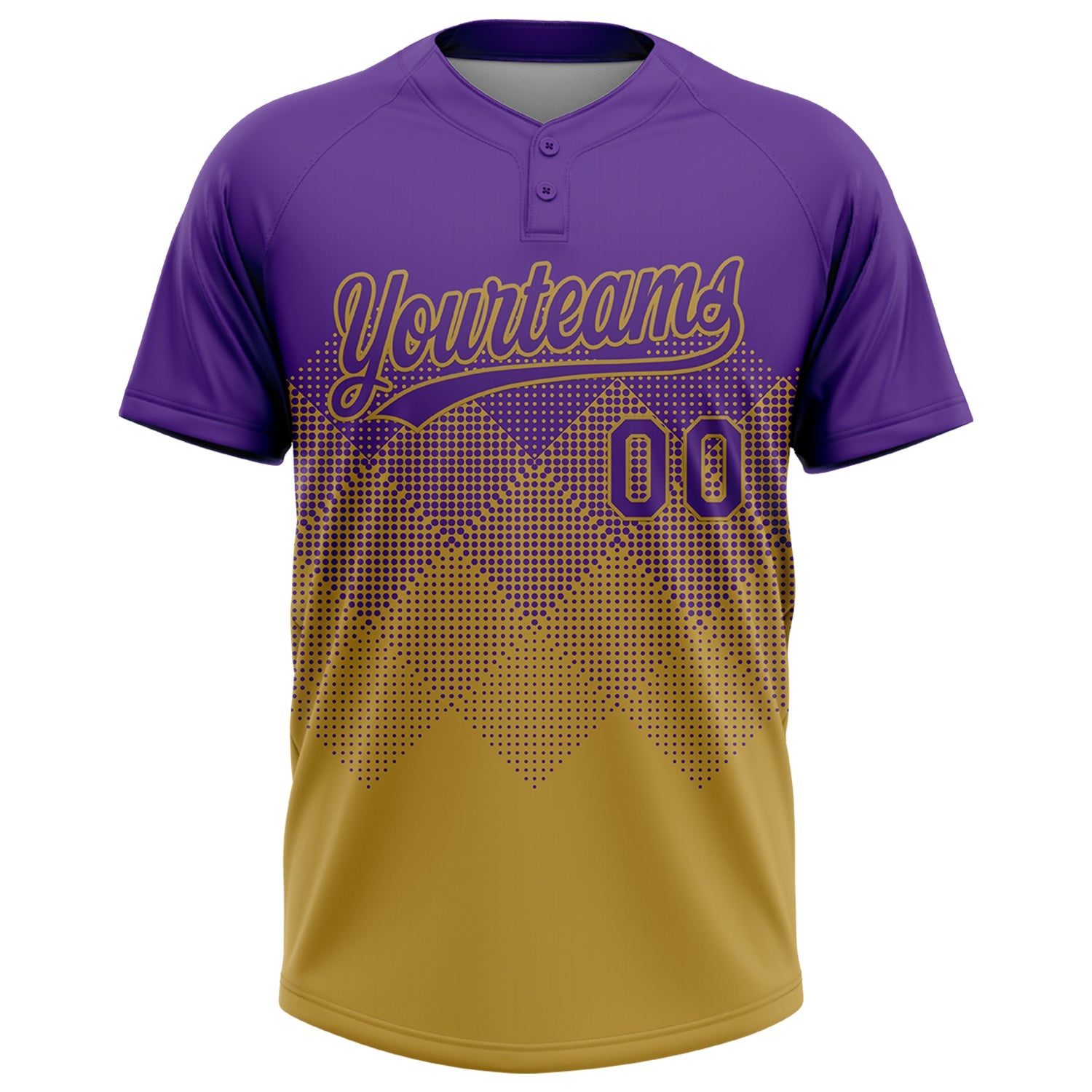 Custom Purple Old Gold 3D Gradient Square Shape Two-Button Unisex Softball Jersey view 2