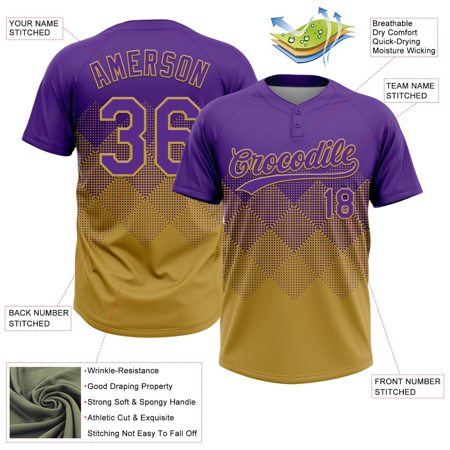 Custom Purple Old Gold 3D Gradient Square Shape Two-Button Unisex Softball Jersey view 3
