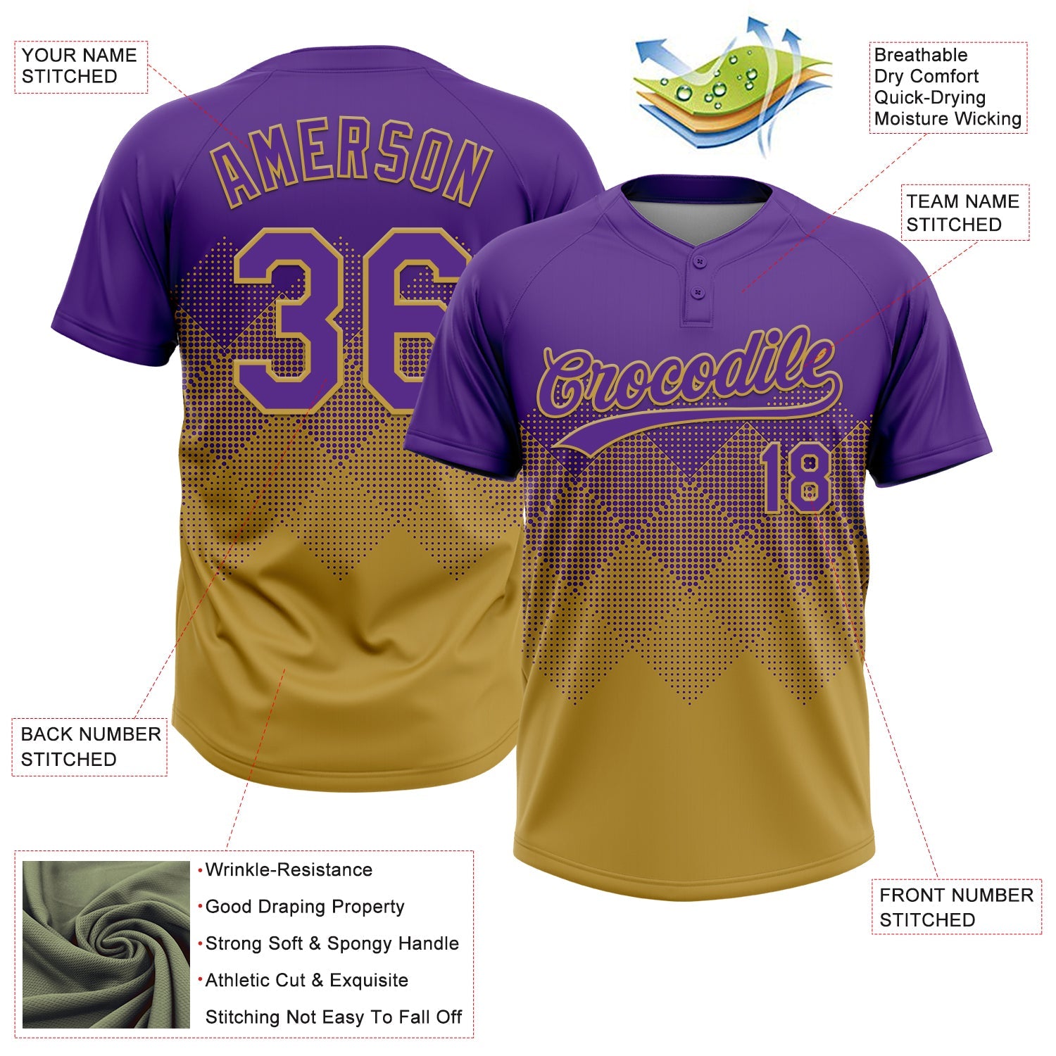 Custom Purple Old Gold 3D Gradient Square Shape Two-Button Unisex Softball Jersey view 3
