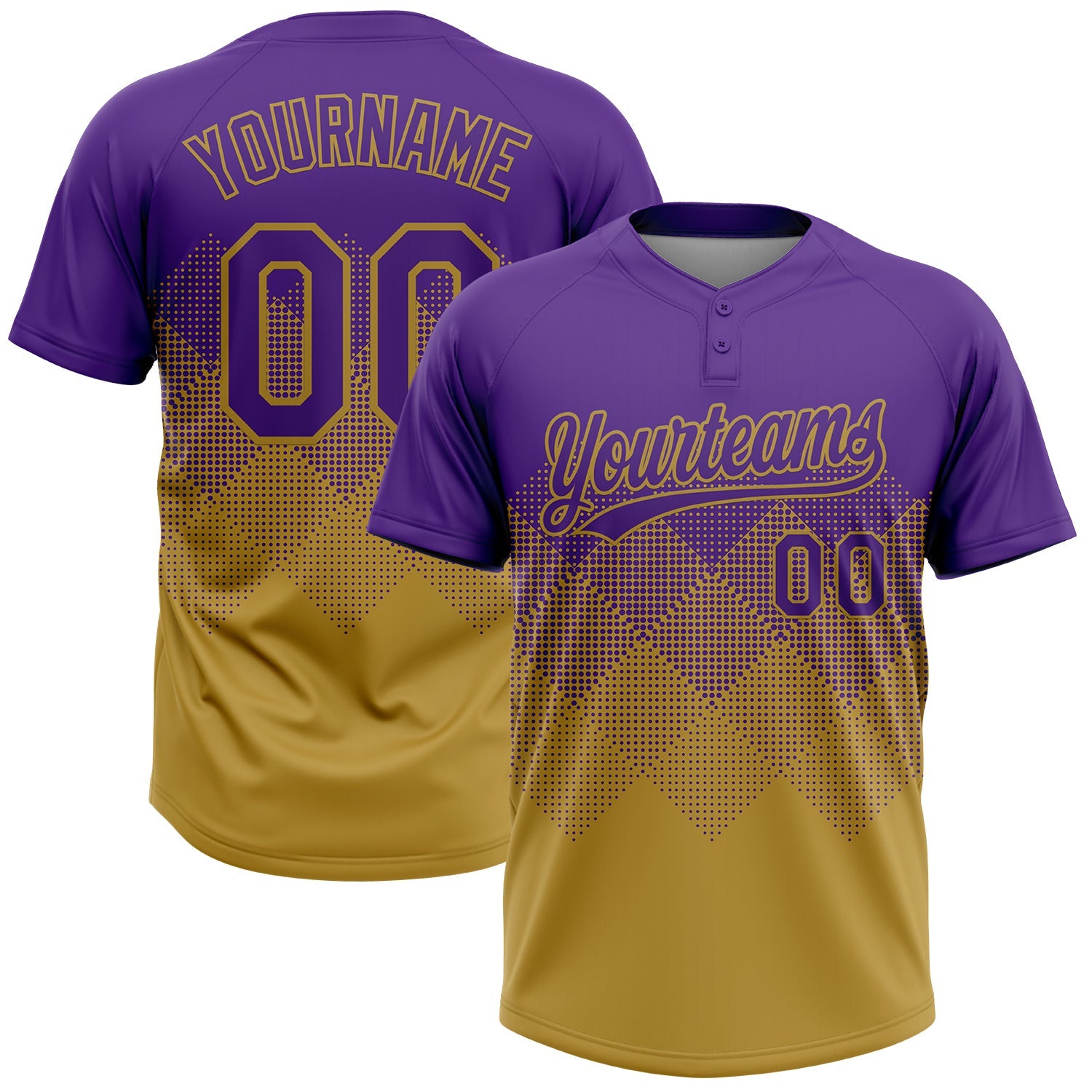 Custom Purple Old Gold 3D Gradient Square Shape Two-Button Unisex Softball Jersey - Main View
