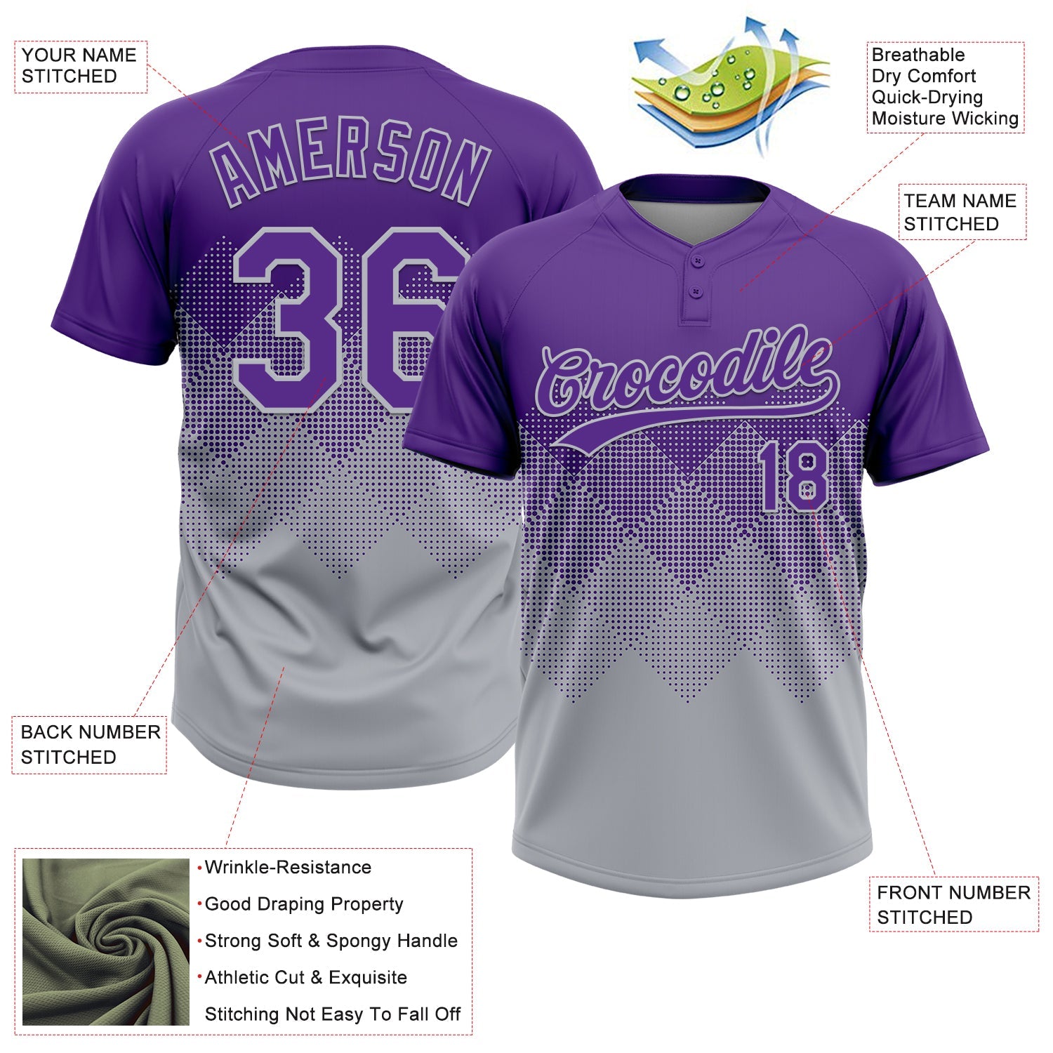 Custom Purple Gray 3D Gradient Square Shape Two-Button Unisex Softball Jersey view 3