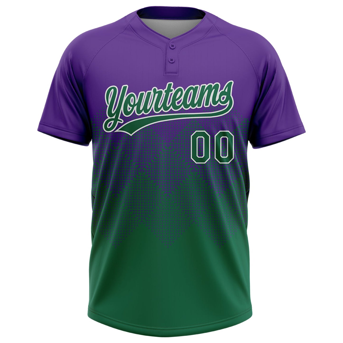Custom Purple Kelly Green-White 3D Gradient Square Shape Two-Button Unisex Softball Jersey view 2