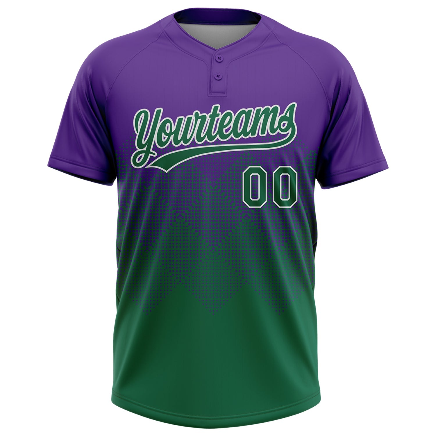 Custom Purple Kelly Green-White 3D Gradient Square Shape Two-Button Unisex Softball Jersey view 2