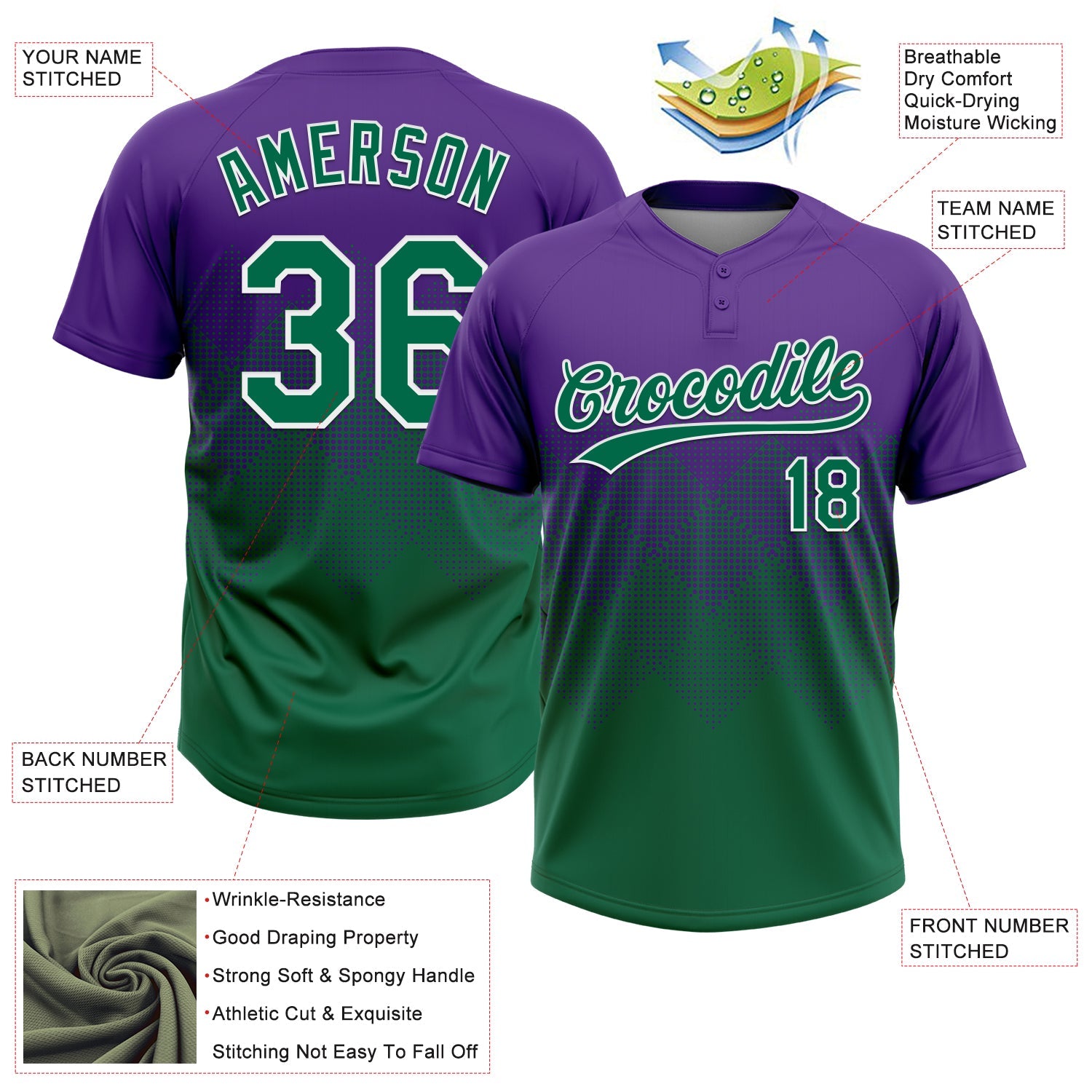 Custom Purple Kelly Green-White 3D Gradient Square Shape Two-Button Unisex Softball Jersey view 3