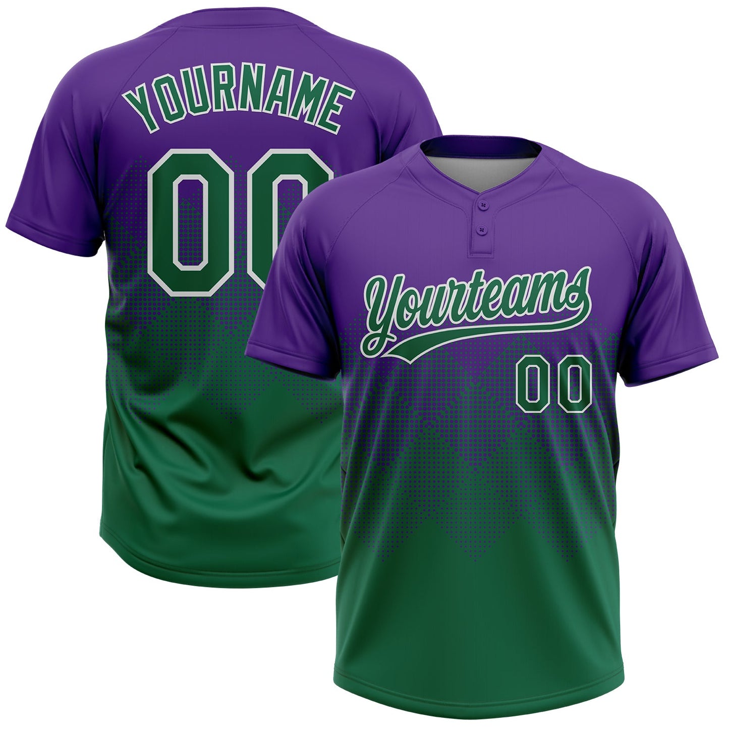 Custom Purple Kelly Green-White 3D Gradient Square Shape Two-Button Unisex Softball Jersey - Main View
