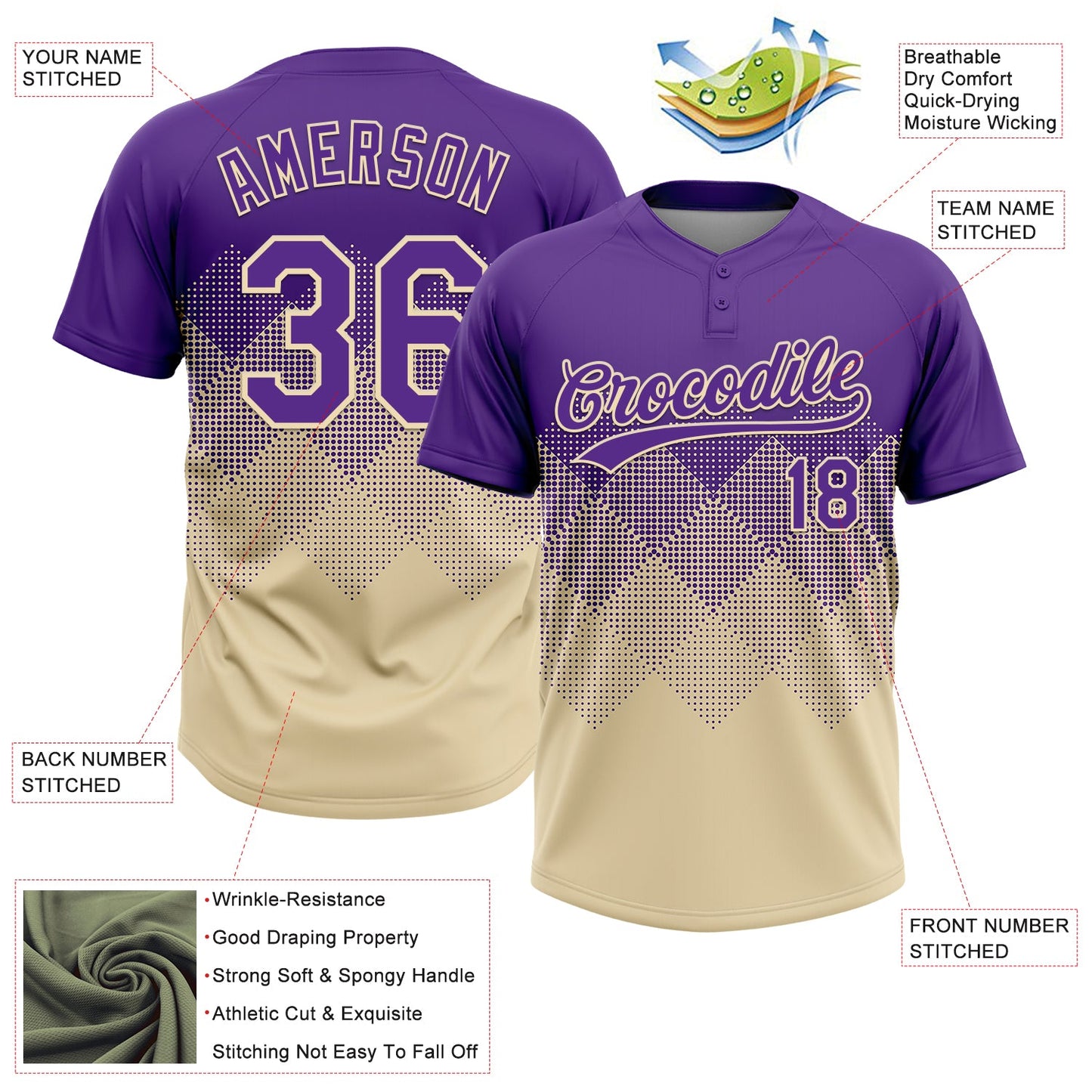 Custom Purple Cream 3D Gradient Square Shape Two-Button Unisex Softball Jersey view 3