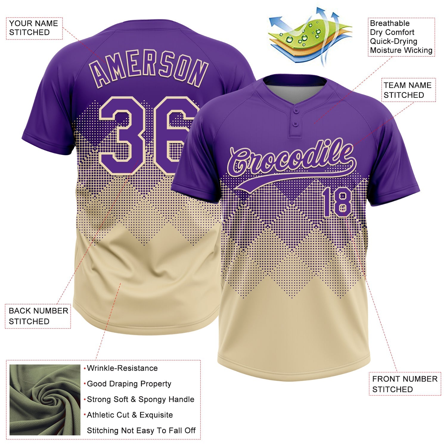 Custom Purple Cream 3D Gradient Square Shape Two-Button Unisex Softball Jersey view 3