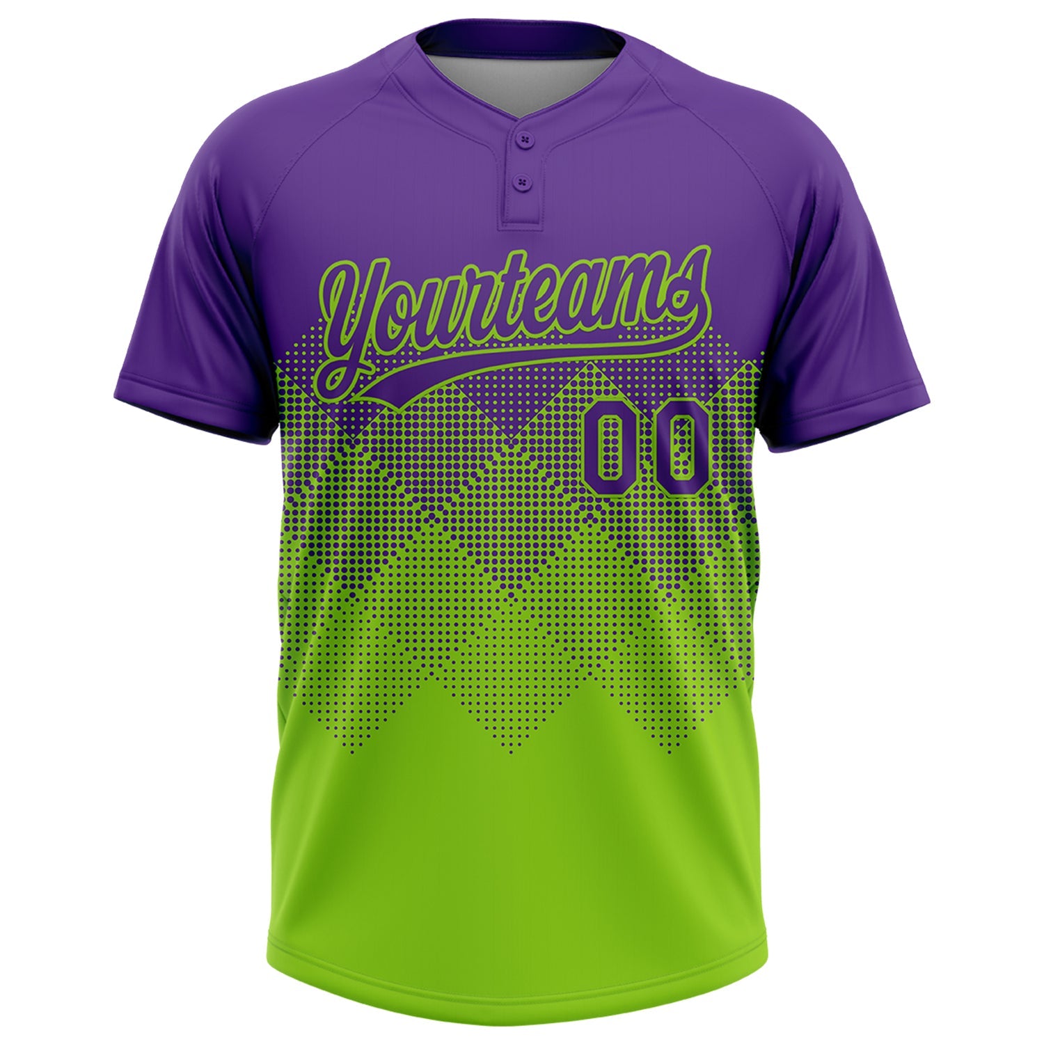 Custom Purple Neon Green 3D Gradient Square Shape Two-Button Unisex Softball Jersey view 2