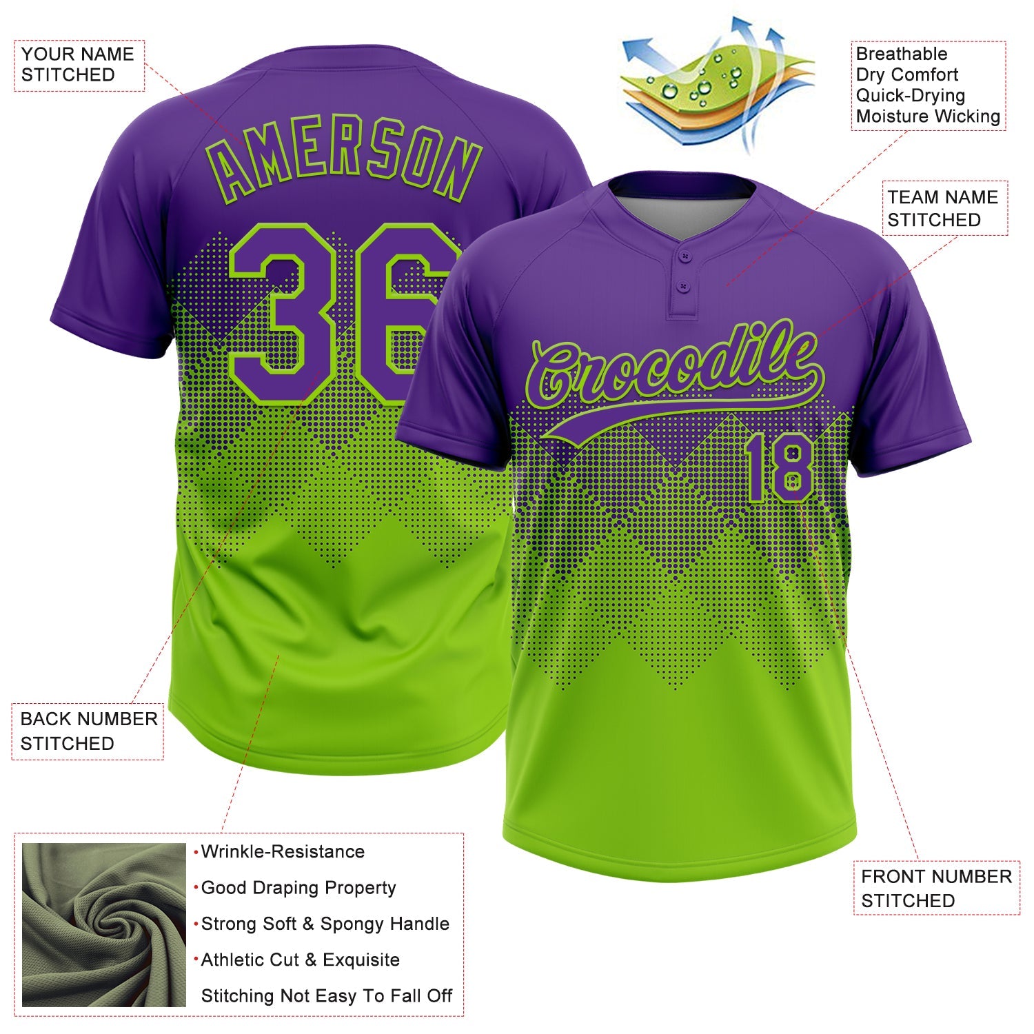 Custom Purple Neon Green 3D Gradient Square Shape Two-Button Unisex Softball Jersey view 3
