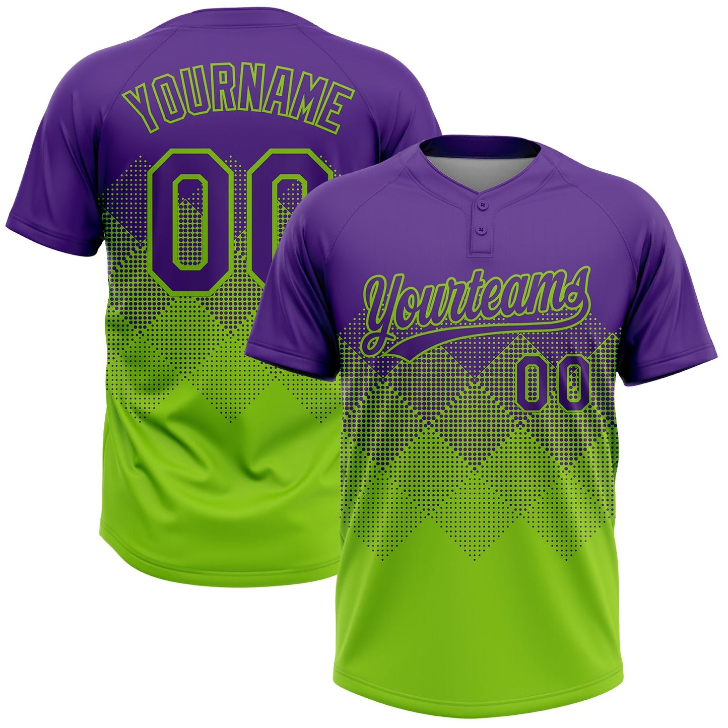 Custom Purple Neon Green 3D Gradient Square Shape Two-Button Unisex Softball Jersey - Main View