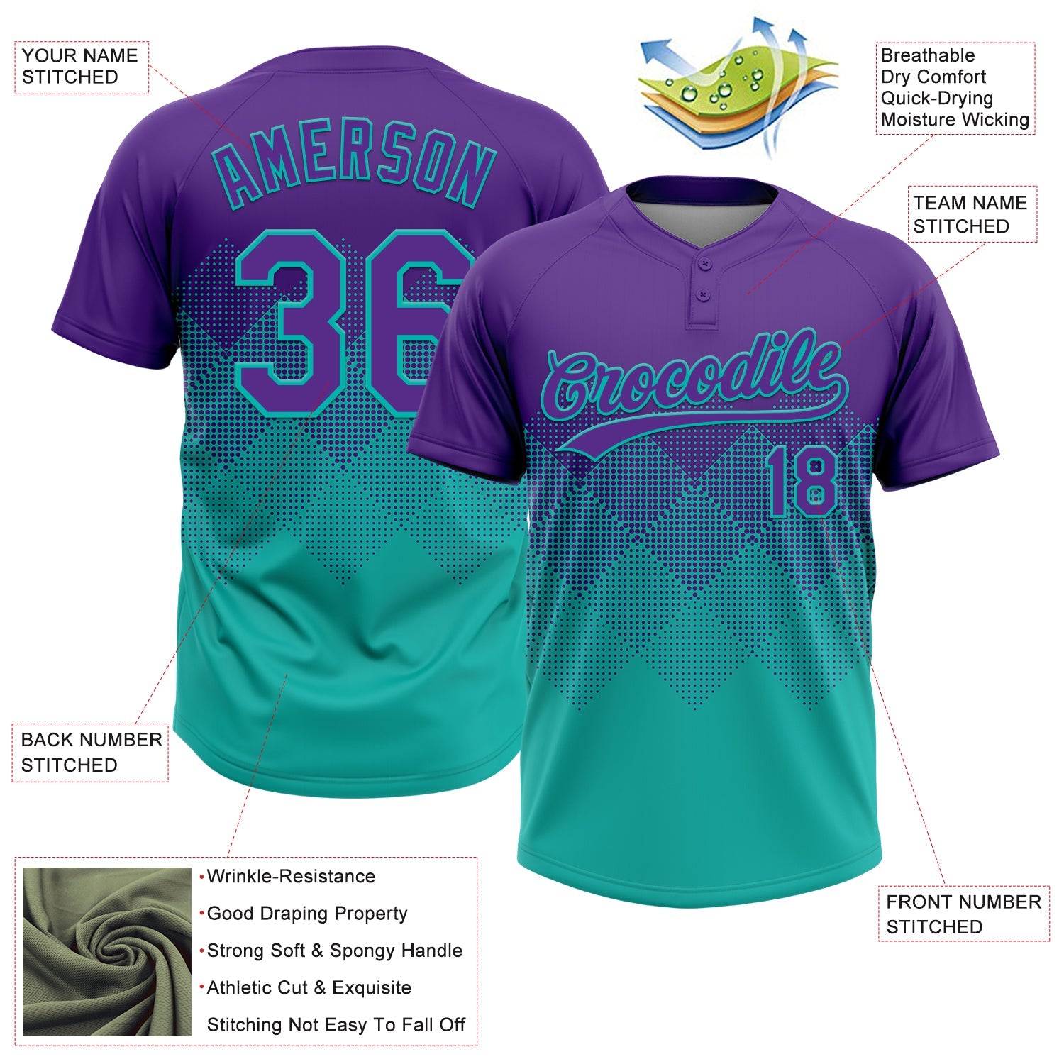 Custom Purple Aqua 3D Gradient Square Shape Two-Button Unisex Softball Jersey view 3
