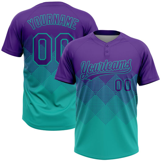 Custom Purple Aqua 3D Gradient Square Shape Two-Button Unisex Softball Jersey - Main View