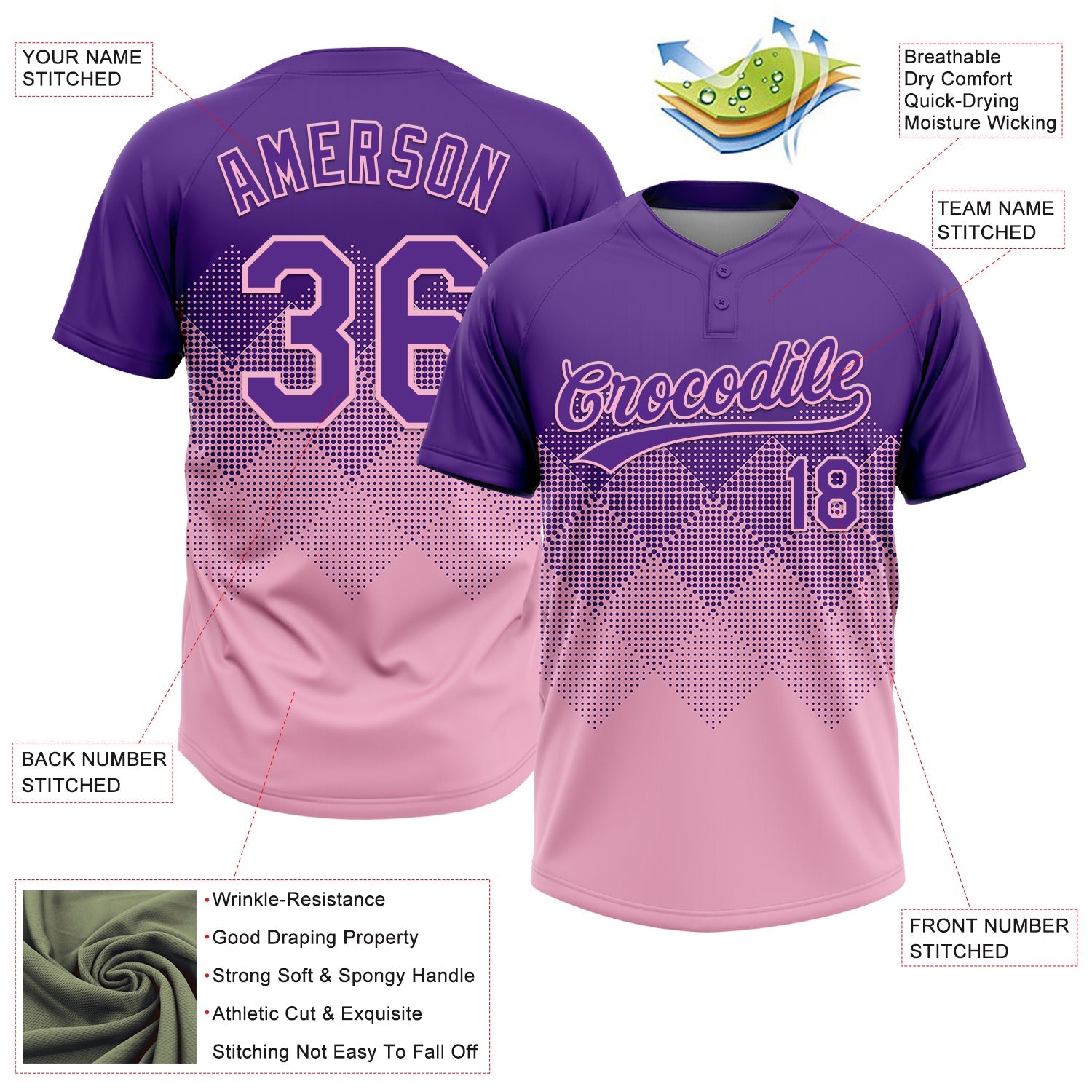 Custom Purple Light Pink 3D Gradient Square Shape Two-Button Unisex Softball Jersey view 3
