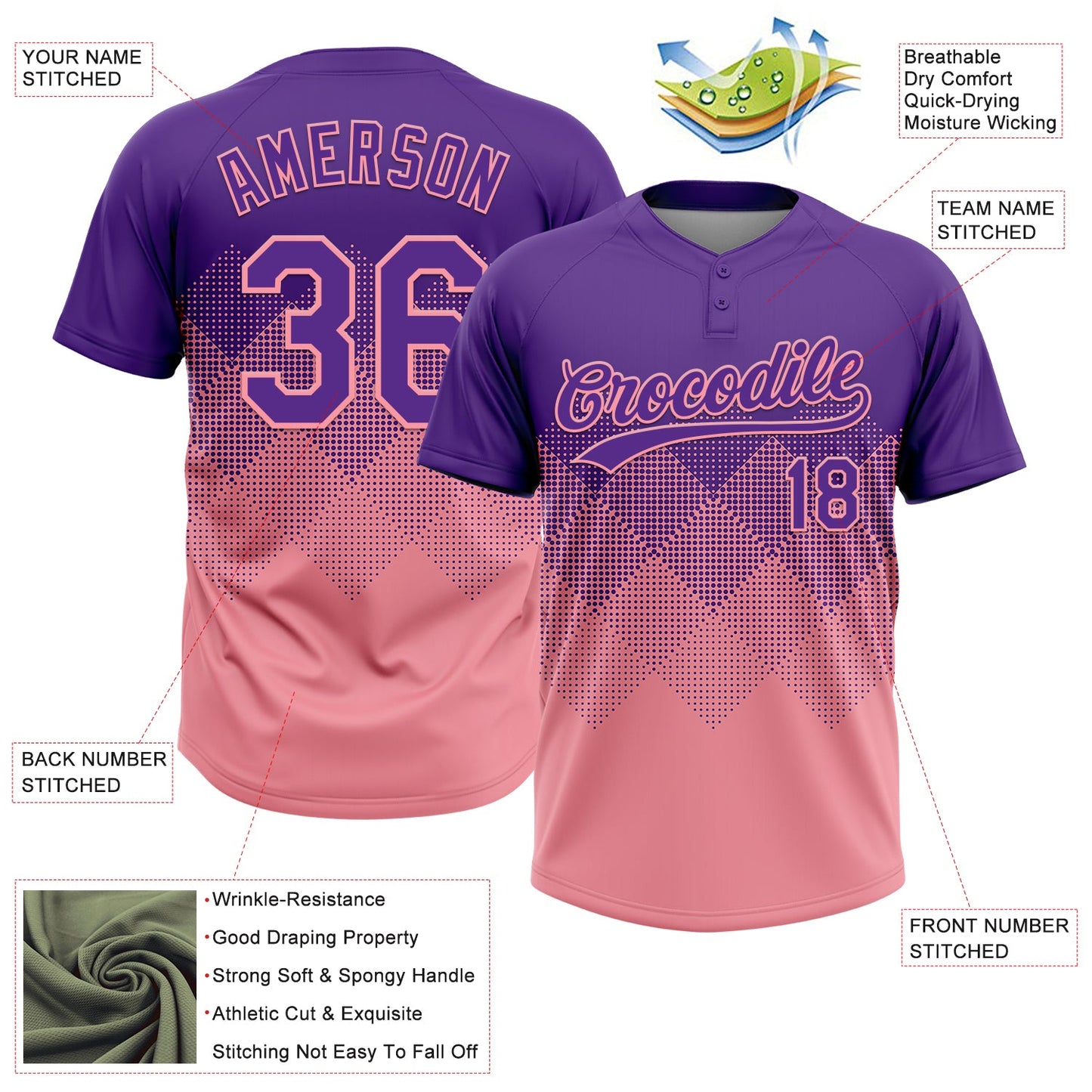 Custom Purple Medium Pink 3D Gradient Square Shape Two-Button Unisex Softball Jersey view 3
