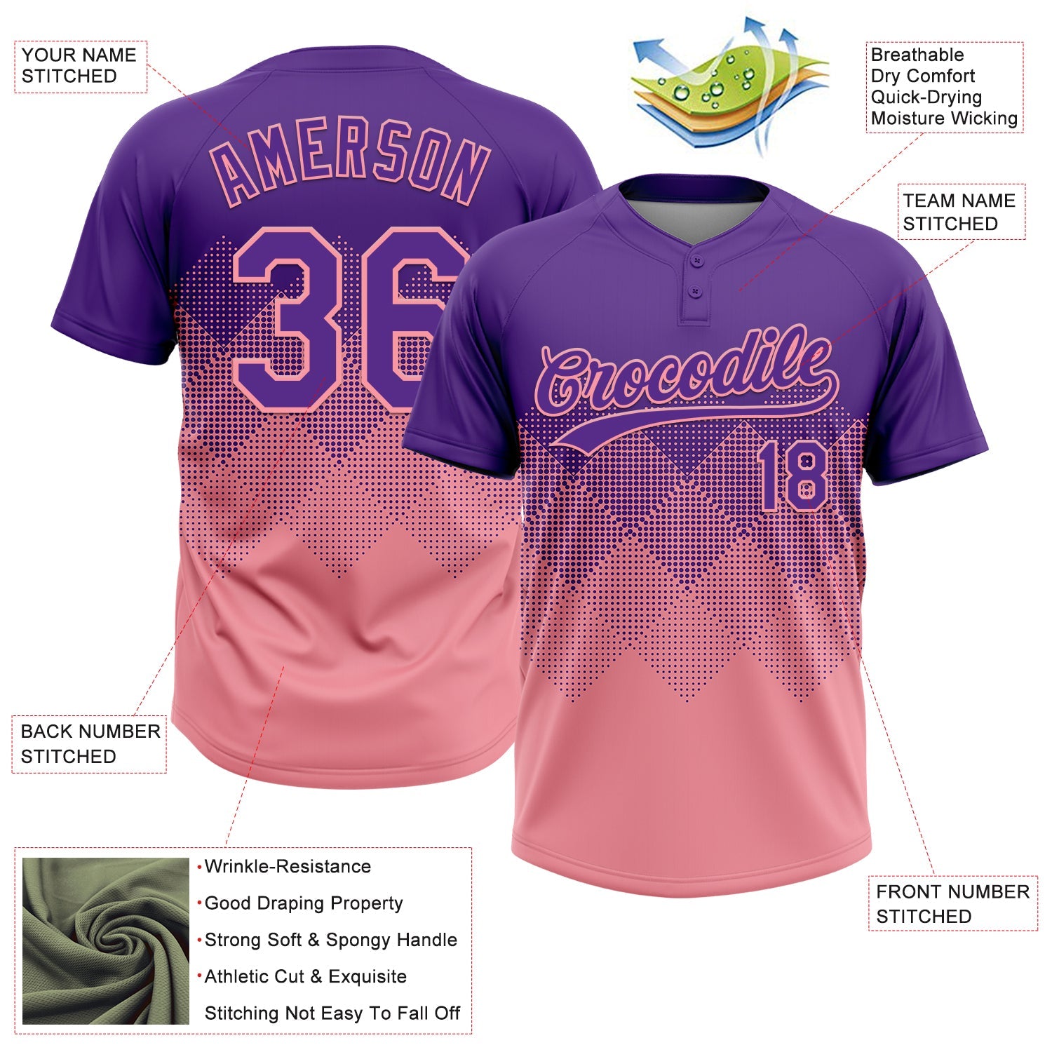 Custom Purple Medium Pink 3D Gradient Square Shape Two-Button Unisex Softball Jersey view 3
