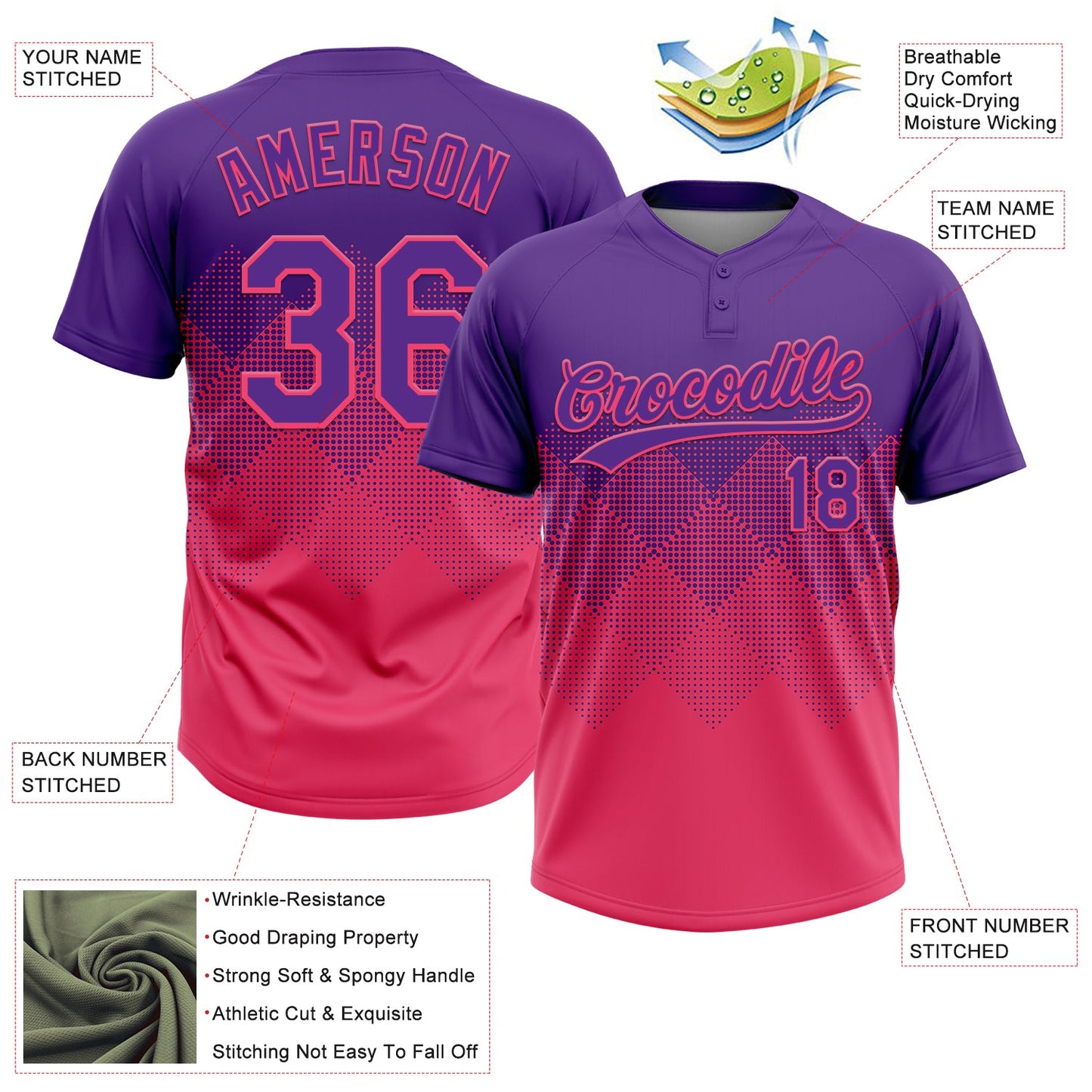 Custom Purple Neon Pink 3D Gradient Square Shape Two-Button Unisex Softball Jersey view 3