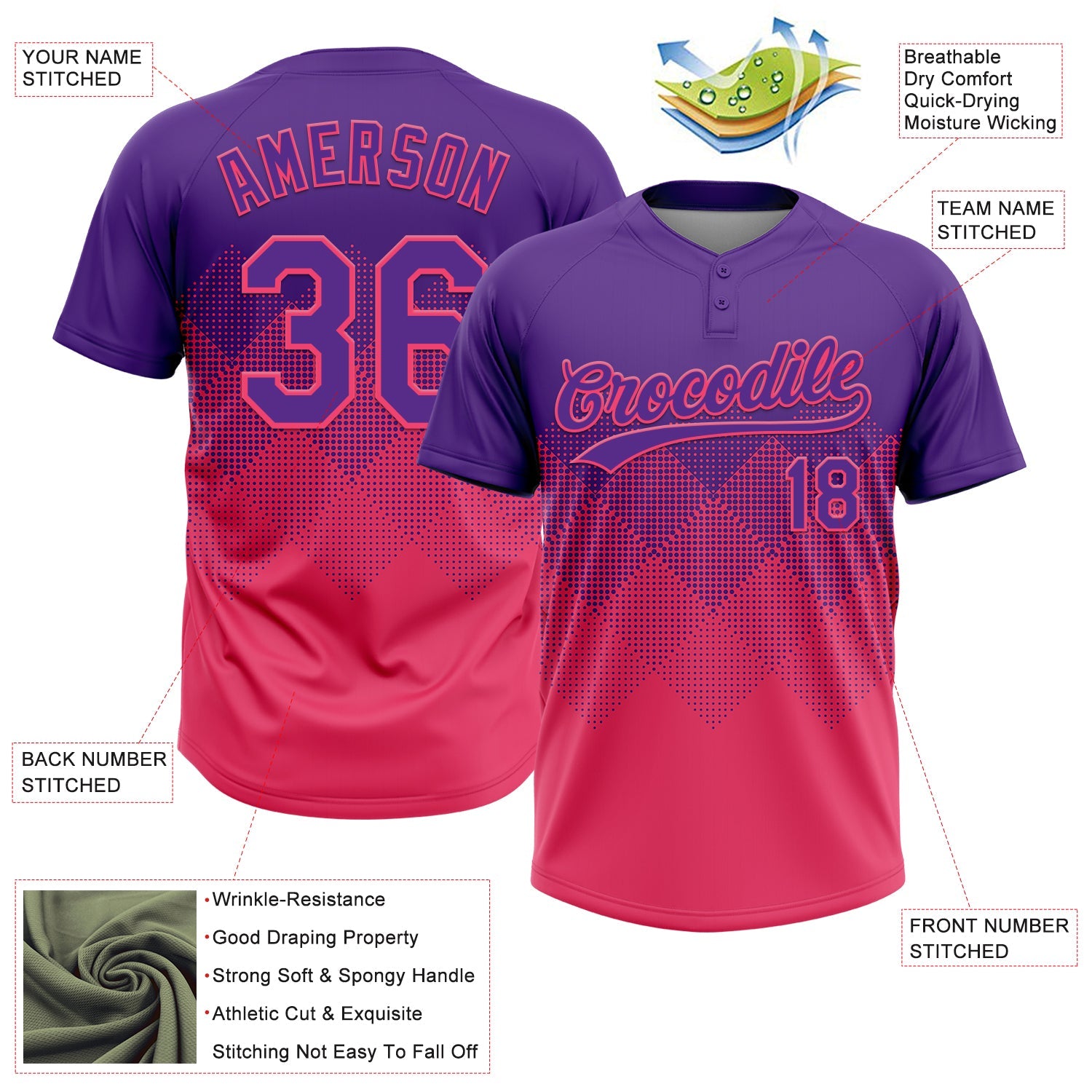 Custom Purple Neon Pink 3D Gradient Square Shape Two-Button Unisex Softball Jersey view 3