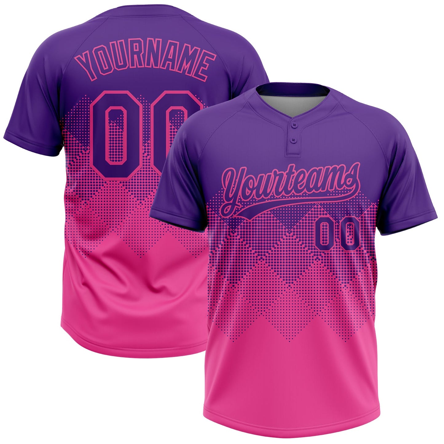 Custom Purple Pink 3D Gradient Square Shape Two-Button Unisex Softball Jersey - Main View