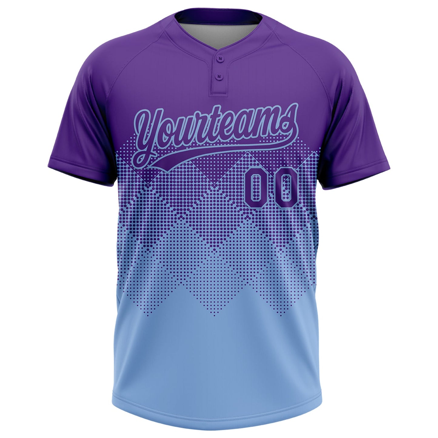 Custom Purple Light Blue 3D Gradient Square Shape Two-Button Unisex Softball Jersey view 2