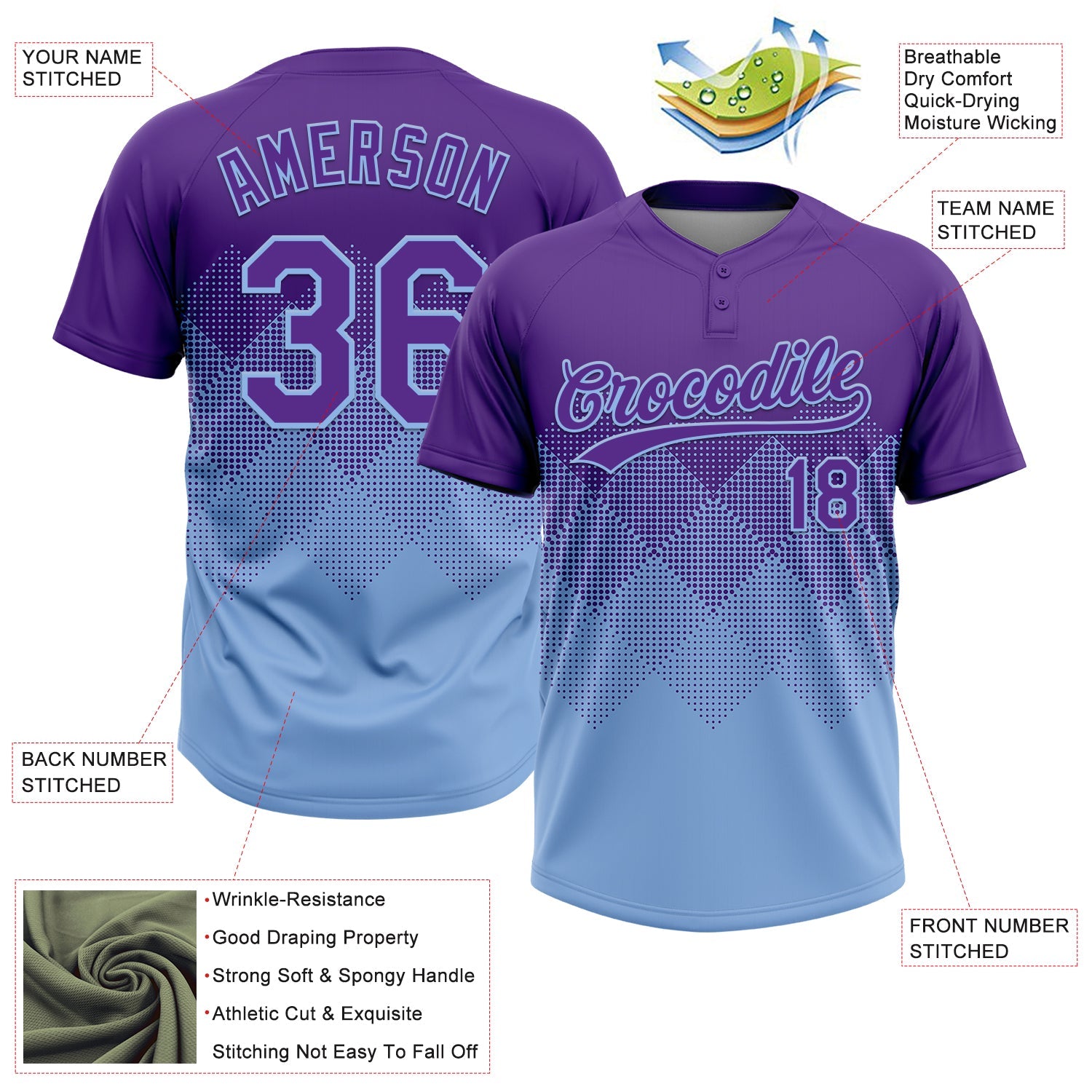 Custom Purple Light Blue 3D Gradient Square Shape Two-Button Unisex Softball Jersey view 3