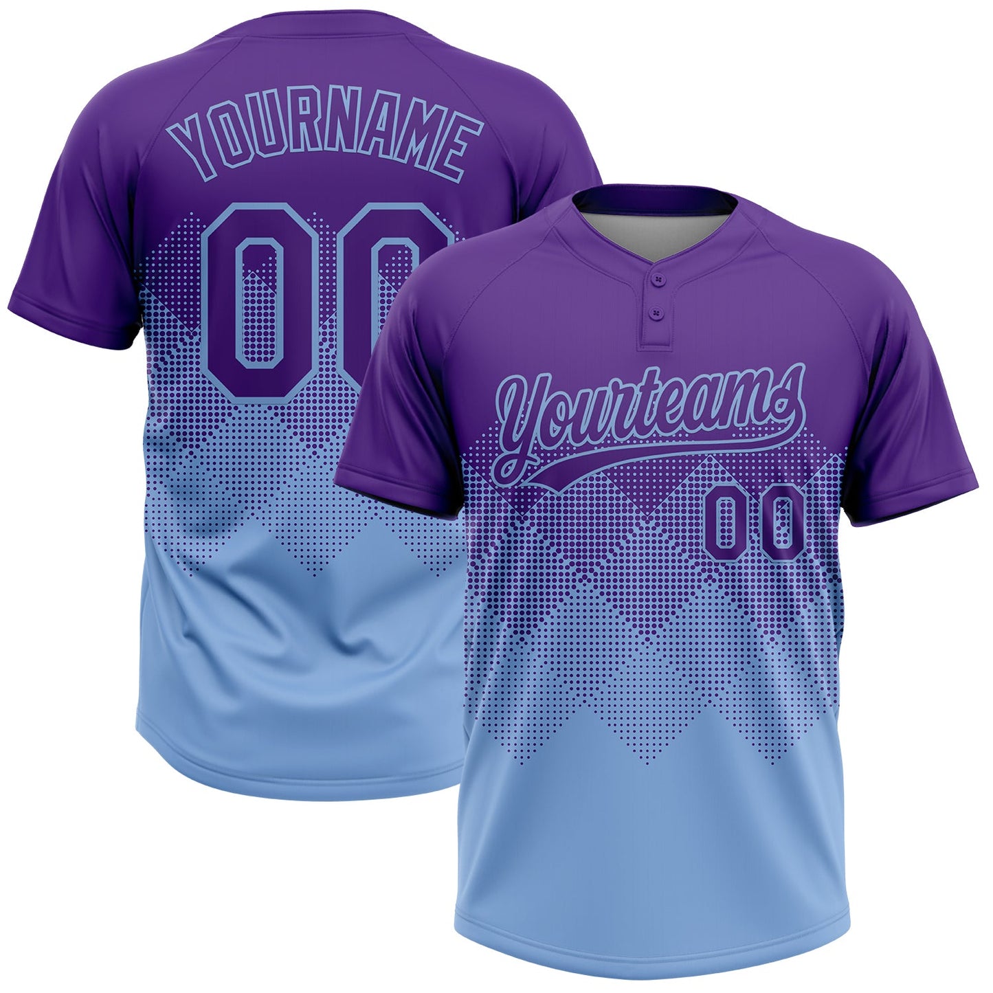 Custom Purple Light Blue 3D Gradient Square Shape Two-Button Unisex Softball Jersey - Main View