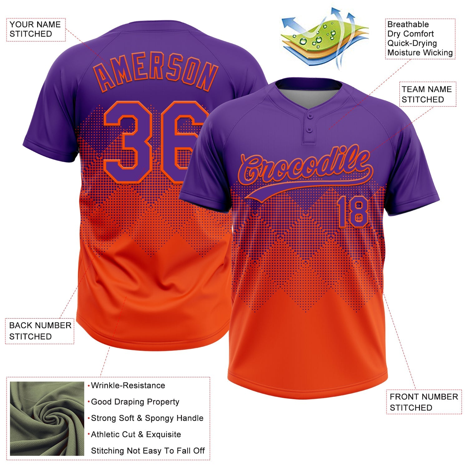 Custom Purple Orange 3D Gradient Square Shape Two-Button Unisex Softball Jersey view 3
