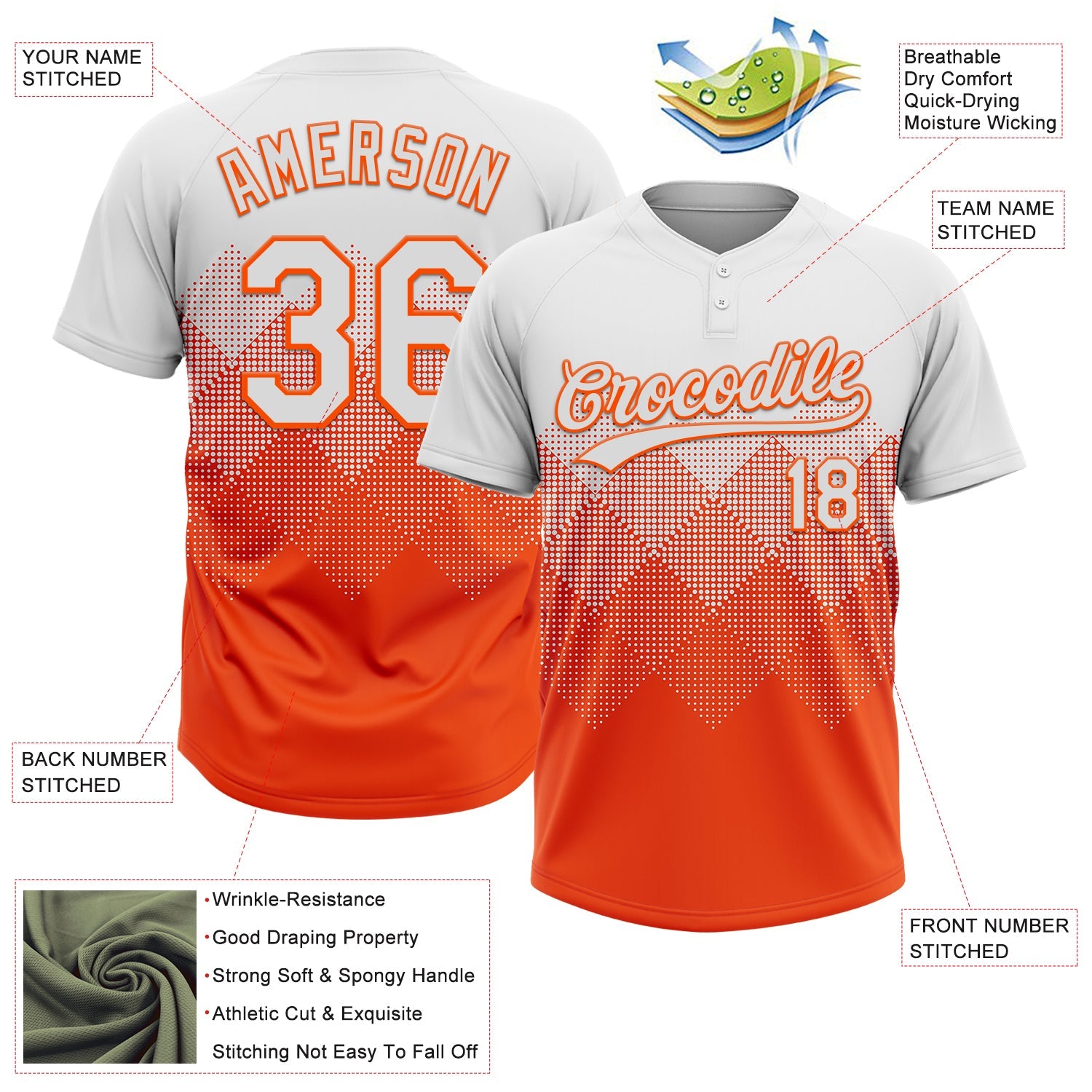 Custom White Orange 3D Gradient Square Shape Two-Button Unisex Softball Jersey view 3