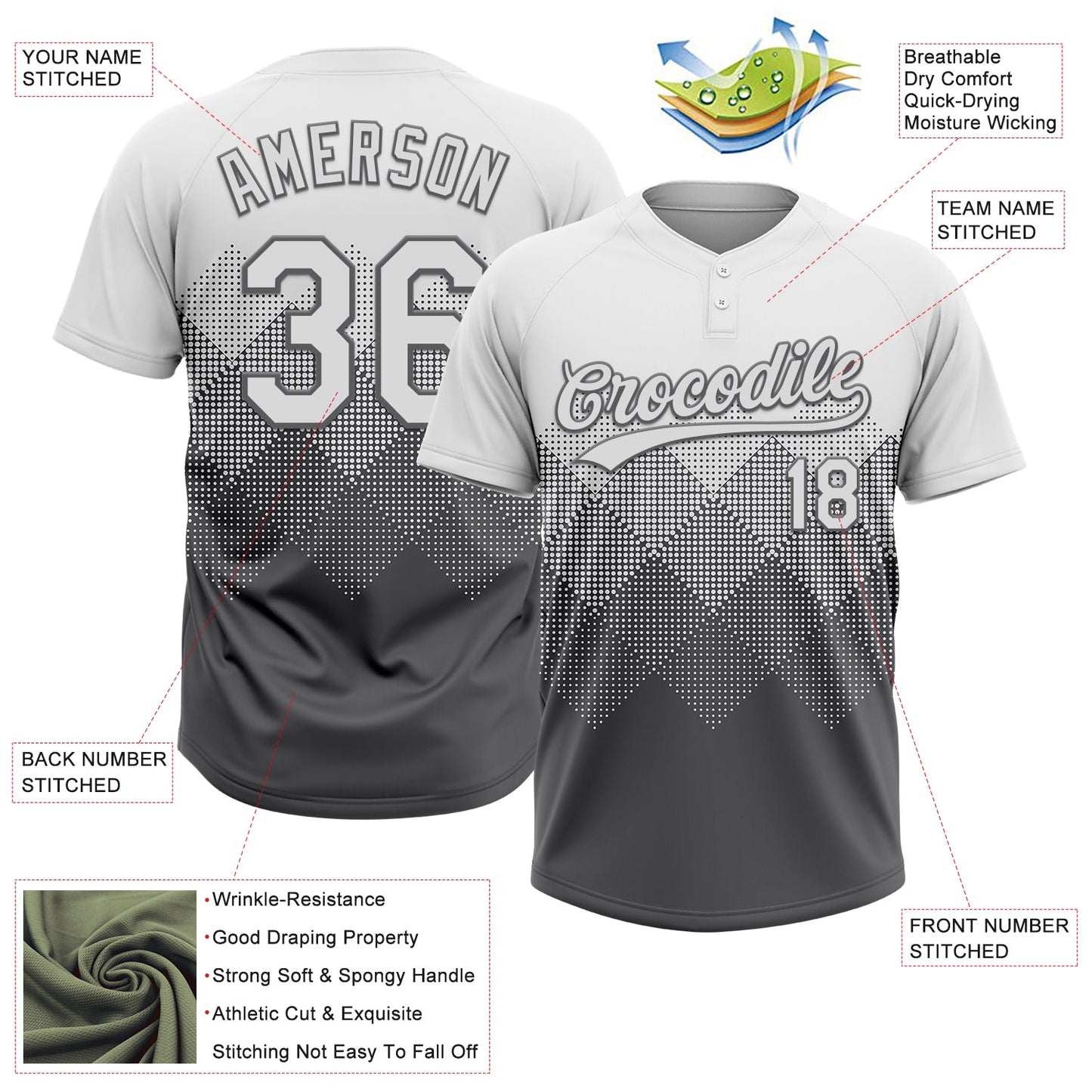 Custom White Steel Gray 3D Gradient Square Shape Two-Button Unisex Softball Jersey view 3