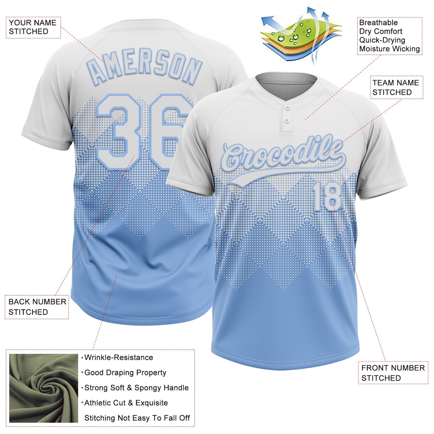 Custom White Light Blue 3D Gradient Square Shape Two-Button Unisex Softball Jersey view 3