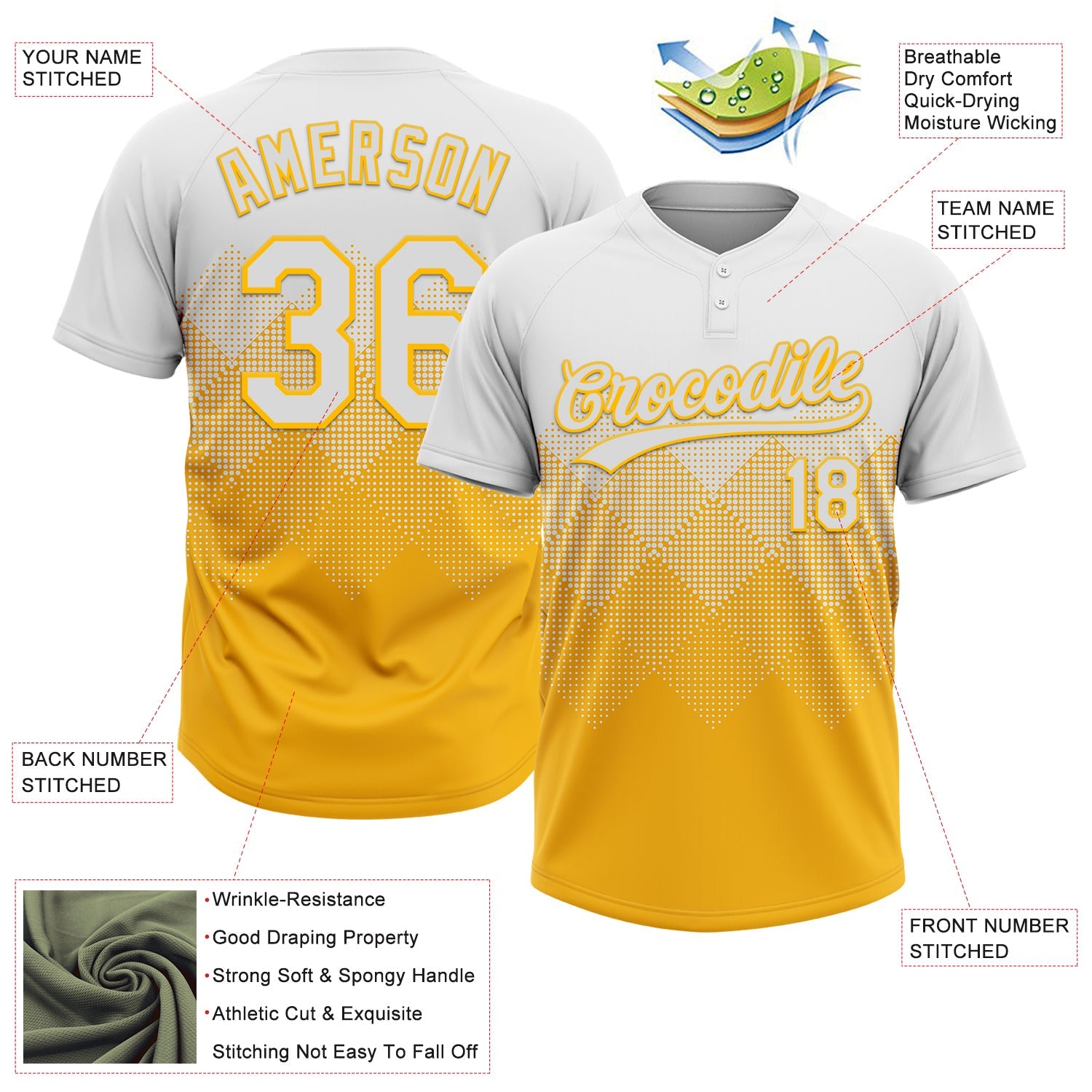 Custom White Gold 3D Gradient Square Shape Two-Button Unisex Softball Jersey view 3