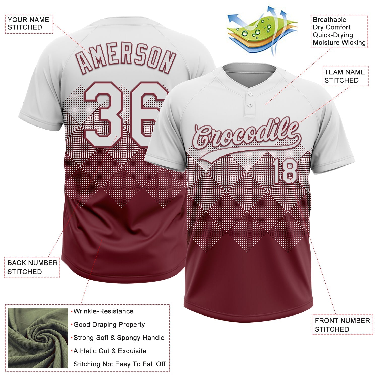Custom White Burgundy 3D Gradient Square Shape Two-Button Unisex Softball Jersey view 3