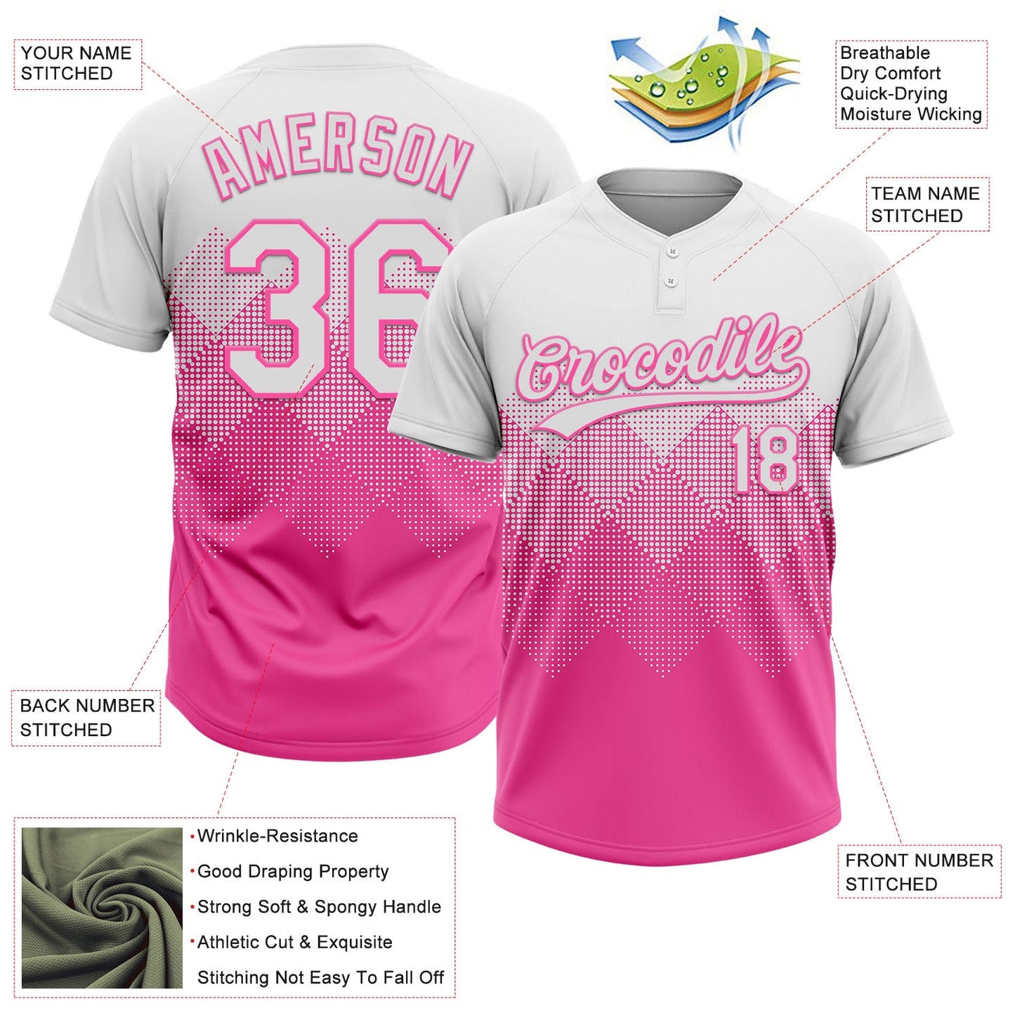 Custom White Pink 3D Gradient Square Shape Two-Button Unisex Softball Jersey view 3