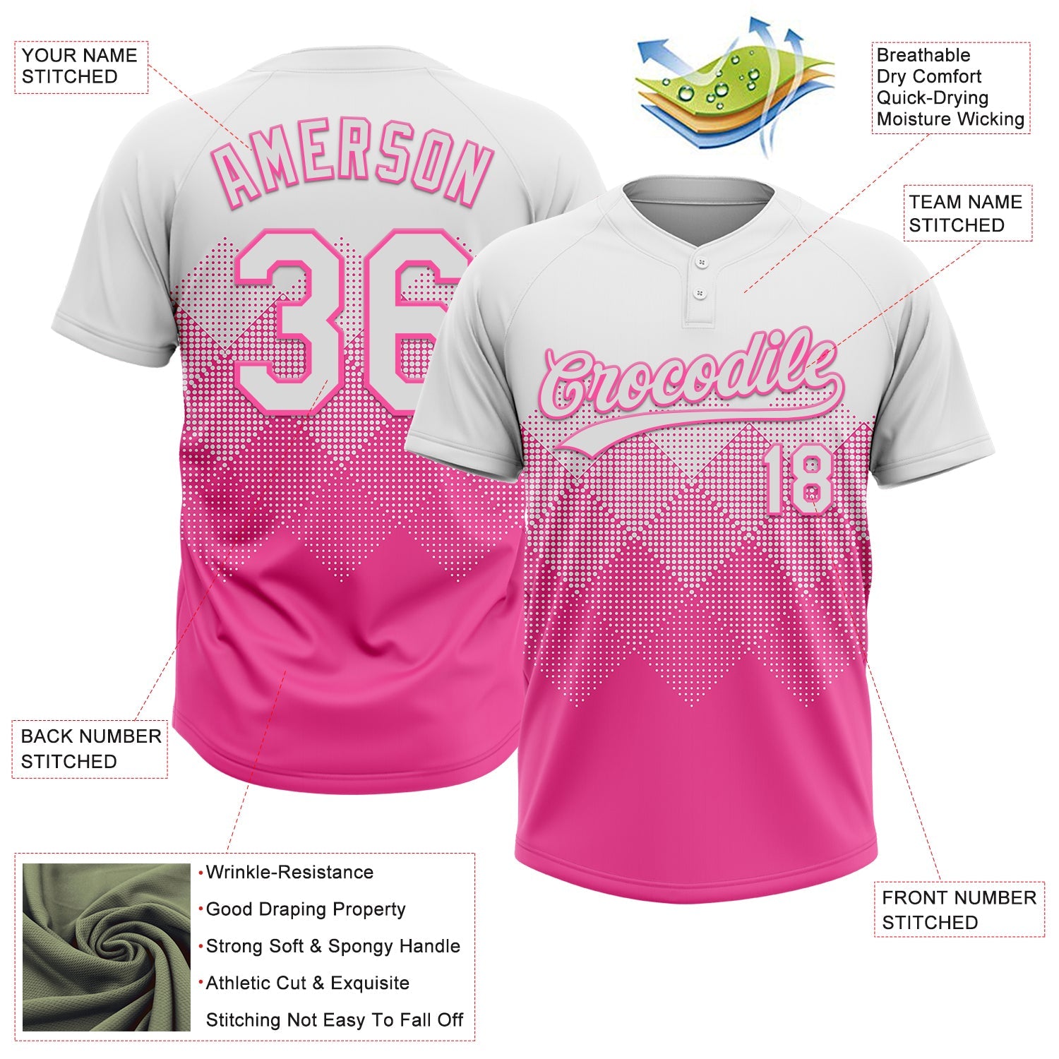 Custom White Pink 3D Gradient Square Shape Two-Button Unisex Softball Jersey view 3