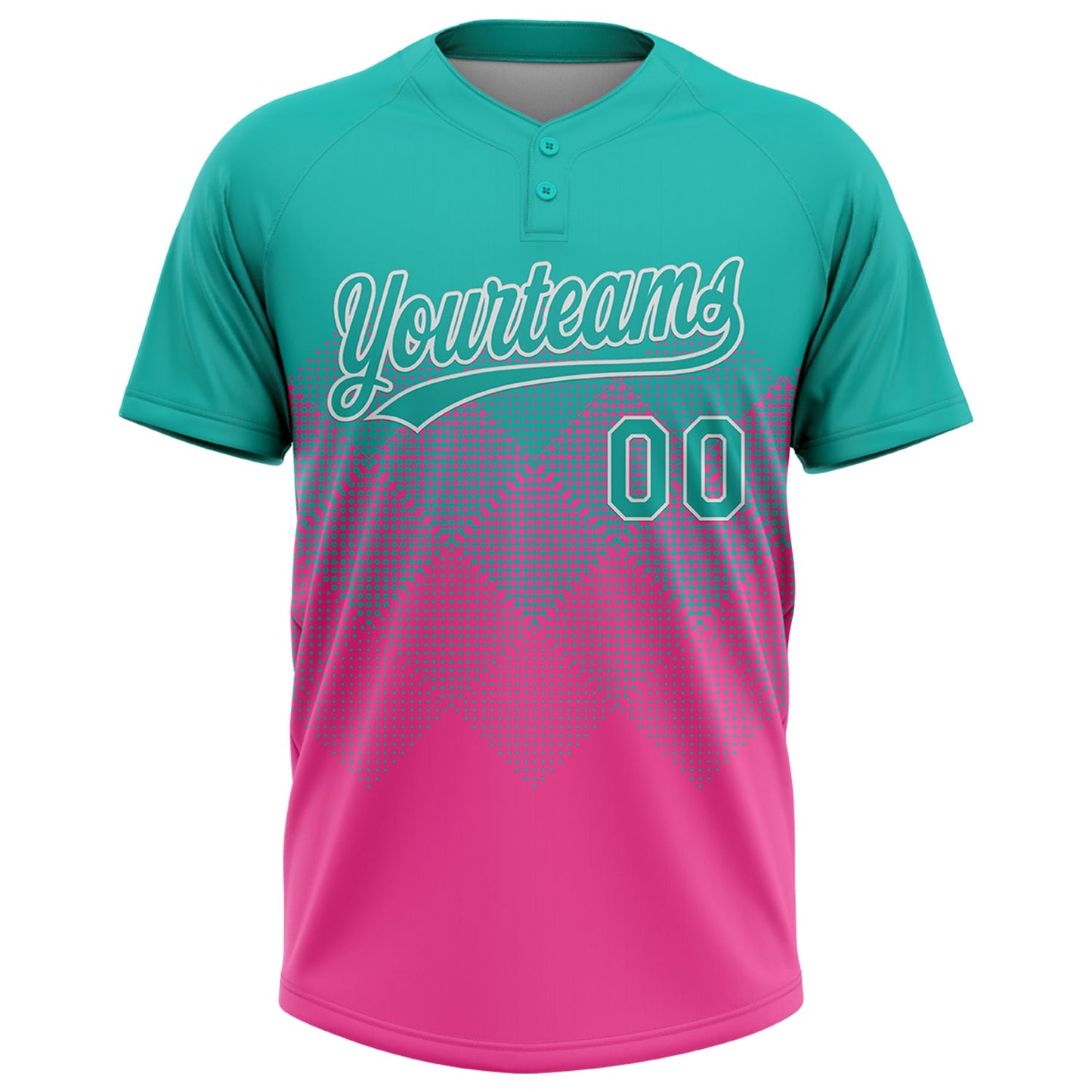 Custom Aqua Pink-White 3D Gradient Square Shape Two-Button Unisex Softball Jersey view 2