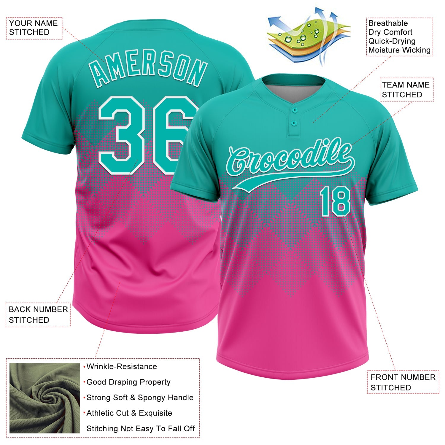 Custom Aqua Pink-White 3D Gradient Square Shape Two-Button Unisex Softball Jersey view 3